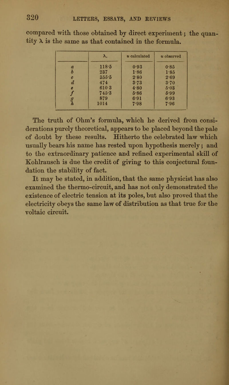 compared with those obtained by direct experiment; the quan- tity \ is the same as that contained in the formula. A. u calculated u observed a 1185 093 0-85 b 237 1-86 1-85 c 355-5 2-80 269 d 474 373 3-70 e 6103 4-80 5-03 f 7453 5-86 5-99 9 879 6-91 6-93 h 1014 7-98 7-96 The truth of Ohm's formula, which he derived from consi- derations purely theoretical, appears to be placed beyond the pale of doubt by these results. Hitherto the celebrated law which usually bears his name has rested upon hypothesis merely; and to the extraordinary patience and refined experimental skill of Kohlrausch is due the credit of giving to this conjectural foun- dation the stability of fact. It may be stated, in addition, that the same physicist has also examined the thermo-circuit, and has not only demonstrated the existence of electric tension at its poles, but also proved that the electricity obeys the same law of distribution as that true for the voltaic circuit.