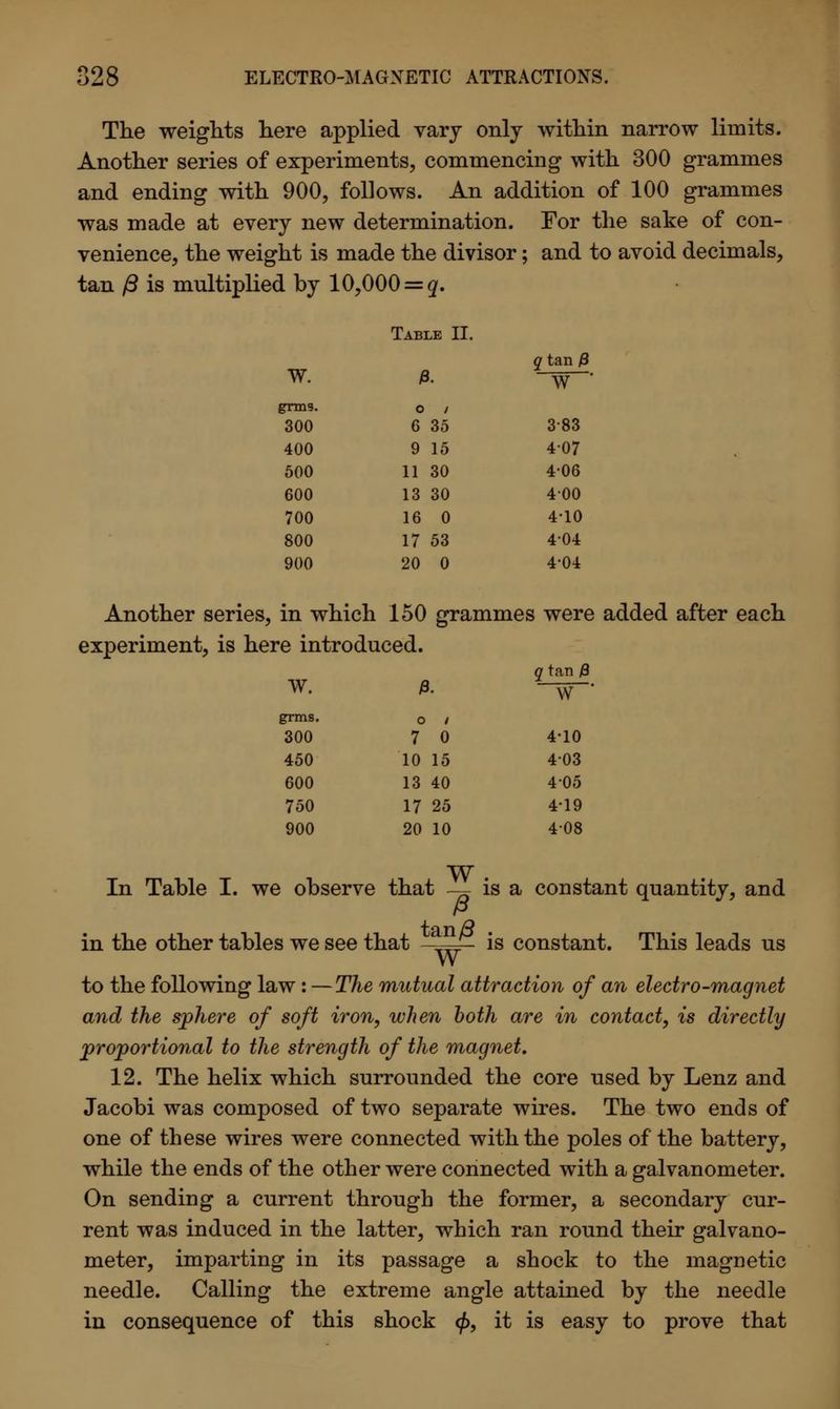 The weights here applied vary only within narrow limits. Another series of experiments, commencing with 300 grammes and ending with 900, follows. An addition of 100 grammes was made at every new determination. For the sake of con- venience, the weight is made the divisor; and to avoid decimals, tan ft is multiplied by 10,000 = ^. Table II. w. e. q tan # W grms. 300 O / 6 35 383 400 9 15 4-07 500 11 30 4-06 600 13 30 400 700 16 0 4-10 800 17 53 4-04 900 20 0 4-04 Another series, in which 150 grammes were added after each experiment, is here introduced. w. P. q tan )8 W grms. o / 300 7 0 4-10 450 10 15 4-03 600 13 40 405 750 17 25 4-19 900 20 10 408 In Table I. we observe that — is a constant quantity, and in the other tables we see that __ is constant. This leads us W to the following law : —The mutual attraction of an electro-mag net and the sphere of soft iron, when both are in contact, is directly proportional to the strength of the magnet, 12. The helix which surrounded the core used by Lenz and Jacobi was composed of two separate wires. The two ends of one of these wires were connected with the poles of the battery, while the ends of the other were connected with a galvanometer. On sending a current through the former, a secondary cur- rent was induced in the latter, which ran round their galvano- meter, imparting in its passage a shock to the magnetic needle. Calling the extreme angle attained by the needle in consequence of this shock </>, it is easy to prove that