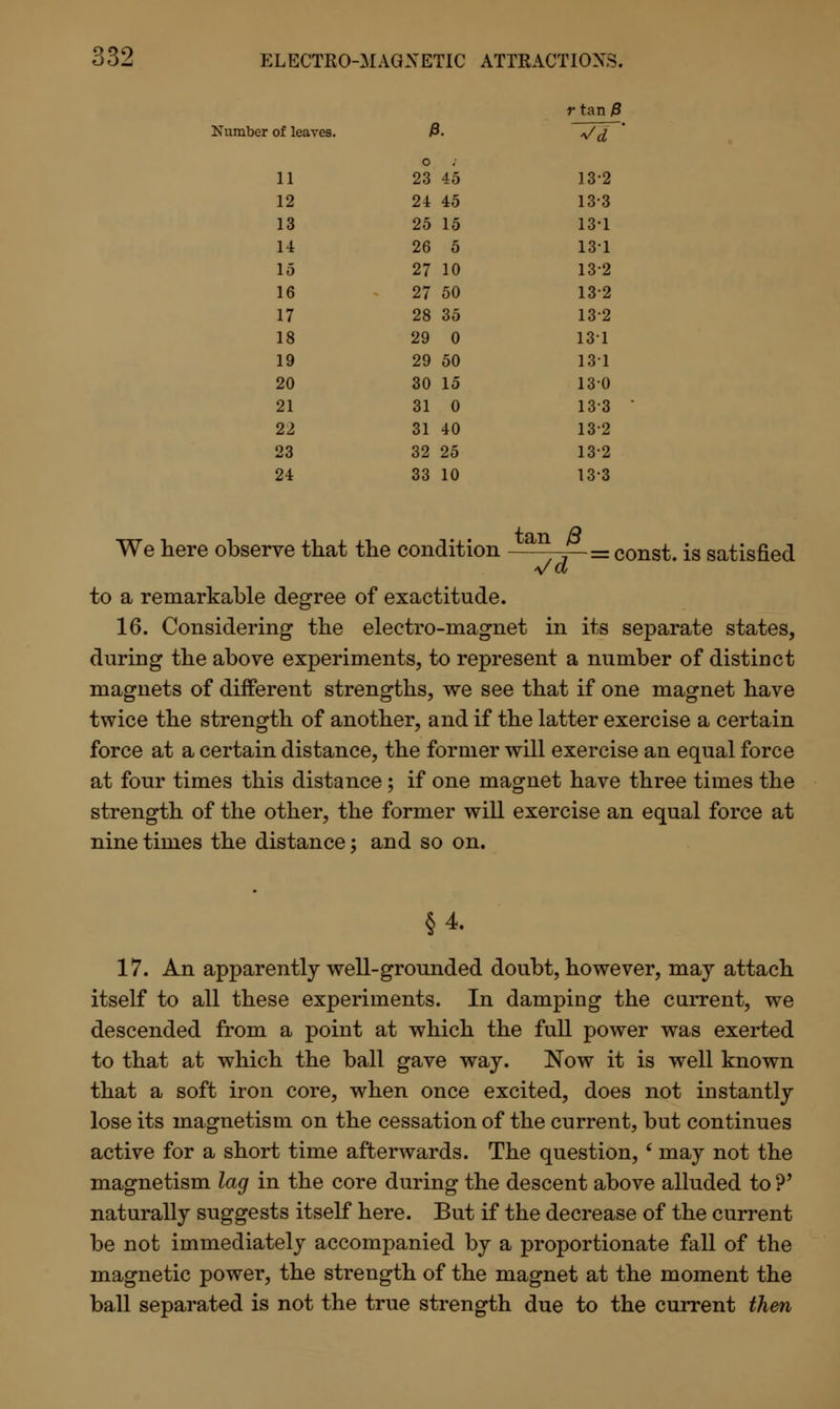 r tan $ Number of leaves. t 1. Vd ' 11 o 23 45 13'2 12 24 45 13-3 13 25 15 13-1 14 26 5 13-1 15 27 10 13-2 16 27 50 132 17 28 35 132 18 29 0 131 19 29 50 131 20 30 15 130 21 31 0 133 22 31 40 132 23 32 25 13-2 24 33 10 13-3 observe that t] ie con iitioi tan 0 1 :——n — const, is satisfied to a remarkable degree of exactitude. 16. Considering the electro-magnet in its separate states, during the above experiments, to represent a number of distinct magnets of different strengths, we see that if one magnet have twice the strength of another, and if the latter exercise a certain force at a certain distance, the former will exercise an equal force at four times this distance ; if one magnet have three times the strength of the other, the former will exercise an equal force at nine times the distance; and so on. §4. 17. An apparently well-grounded doubt, however, may attach itself to all these experiments. In damping the current, we descended from a point at which the full power was exerted to that at which the ball gave way. Now it is well known that a soft iron core, when once excited, does not instantly lose its magnetism on the cessation of the current, but continues active for a short time afterwards. The question, ' may not the magnetism lag in the core during the descent above alluded to ?' naturally suggests itself here. But if the decrease of the current be not immediately accompanied by a proportionate fall of the magnetic power, the strength of the magnet at the moment the ball separated is not the true strength due to the current then