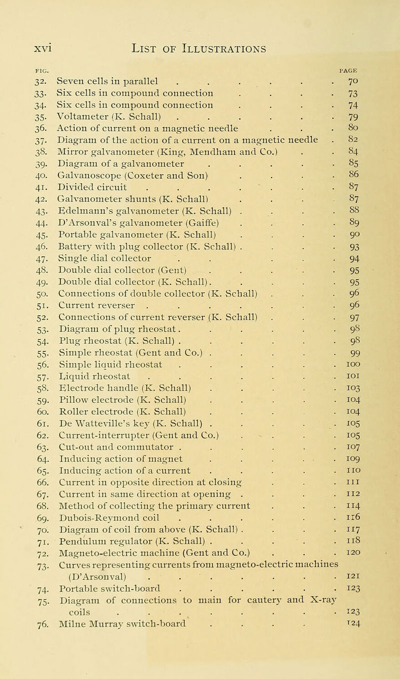 FIG. 32. Seven cells in parallel 33. Six cells in compound connection 34. Six cells in compound connection 35. Voltameter (K. Schall) 36. Action of current on a magnetic needle 37. Diagram of the action of a current on a magnetic needle 38. Mirror galvanometer (King, Mendham and Co 39. Diagram of a galvanometer 40. Galvanoscope (Coxeter and Son) 41. Divided circuit . . . . . 42. Galvanometer shunts (K. Schall) 43. Bdelmann's galvanometer (K. Schall) . 44. D'Arsonval's galvanometer (Gaiffe) 45. Portable galvanometer (K. Schall) 46. Battery with plug collector (K. Schall) . 47. Single dial collector 48. Double dial collector (Gent) 49. Double dial collector (K. Schall) 50. Connections of double collector (K. Schall) 51. Current reverser 52. Connections of current reverser (K. Schall) 53. Diagram of plug rheostat. 54. Plug rheostat (K. Schall) . 55. Simple rheostat (Gent and Co.) 56. vSimple liquid rheostat 57. Liquid rheostat 58. Electrode handle (K. Schall) 59. Pillow electrode (K. Schall) 60. Roller electrode (K. Schall) 61. De Watteville's key (K. Schall) 62. Current-interrupter (Gent and Co.) 63. Cut-out and commutator . 64. Inducing action of magnet 65. Inducing action of a current 66. Current in opposite direction at closing 67. Ciirrent in same direction at opening . 68. Method of collecting the primary current 69. Dubois-Reymond coil 70. Diagram of coil from above (K. Schall) . 71. Pendulum regulator (K. Schall) . 72. Magneto-electric machine (Gent and Co.) 73. Curves representing currents from magneto-electric machines (D'Arsonval) 74. Portable switch-board 75. Diagram of connections to main for cautery and X-ray coils 76. Milne Murray switch-board