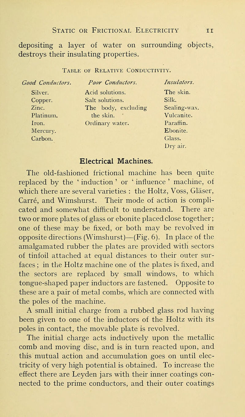depositing a layer of water on surrounding objects, destroys their insulating properties. Table of Relative Conductivity. Good Conditcto7-s. Poor Conductors. Insulators. Silver. Acid solutions. The skin. Copper. Salt solutions. Silk. Zinc. The body, excluding Sealing-wax, Platinum. the skin. Vulcanite. Iron. Ordinary water. Parafifin. Mercury. Ebonite. Carbon. Glass. Dry air. Electrical Machines. The old-fashioned frictional machine has been quite replaced by the 'induction' or 'influence' machine, of which there are several varieties : the Holtz, Voss, Glaser, Carre, and Wimshurst. Their mode of action is compli- cated and somewhat difficult to understand. There are two or more plates of glass or ebonite placed close together; one of these may be fixed, or both may be revolved in opposite directions (Wimshurst)—(Fig. 6). In place of the amalgamated rubber the plates are provided with sectors of tinfoil attached at equal distances to their outer sur- faces ; in the Holtz machine one of the plates is fixed, and the sectors are replaced by small windows, to which tongue-shaped paper inductors are fastened. Opposite to these are a pair of metal combs, which are connected with the poles of the machine. A small initial charge from a rubbed glass rod having been given to one of the inductors of the Holtz with its poles in contact, the movable plate is revolved. The initial charge acts inductively upon the metallic comb and moving disc, and is in turn reacted upon, and this mutual action and accumulation goes on until elec- tricity of very high potential is obtained. To increase the effect there are Ley den jars with their inner coatings con- nected to the prime conductors, and their outer coatings