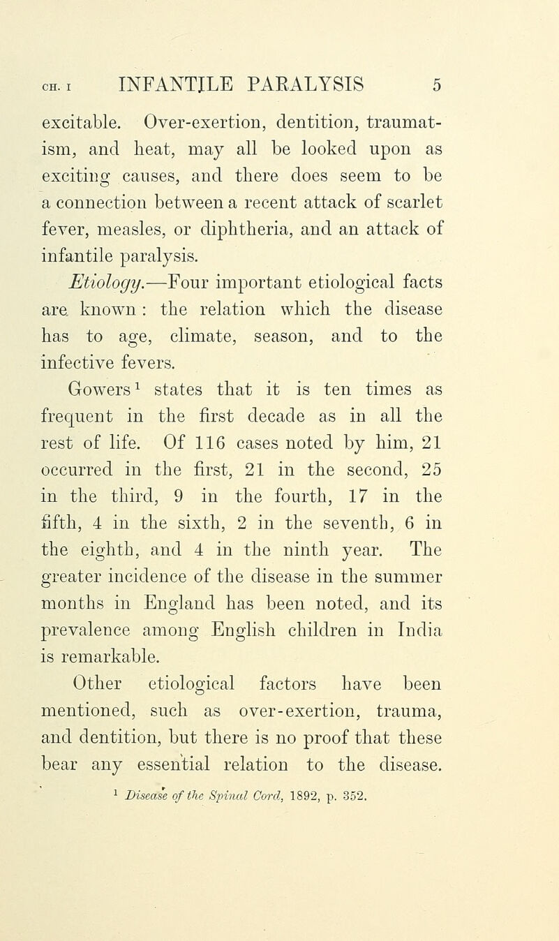 excitable. Over-exertion, dentition, traumat- ism, and heat, may all be looked upon as exciting causes, and there does seem to be a connection between a recent attack of scarlet fever, measles, or diphtheria, and an attack of infantile paralysis. Etiology.—Four important etiological facts are. known: the relation which the disease has to age, climate, season, and to the infective fevers. Gowers^ states that it is ten times as frequent in the first decade as in all the rest of life. Of 116 cases noted by him, 21 occurred in the first, 21 in the second, 25 in the third, 9 in the fourth, 17 in the fifth, 4 in the sixth, 2 in the seventh, 6 in the eighth, and 4 in the ninth year. The greater incidence of the disease in the summer months in England has been noted, and its prevalence among English children in India is remarkable. Other etiological factors have been mentioned, such as over-exertion, trauma, and dentition, but there is no proof that these bear any essential relation to the disease. ^ Disease of the Spinal Cord, 1892, p. 352.