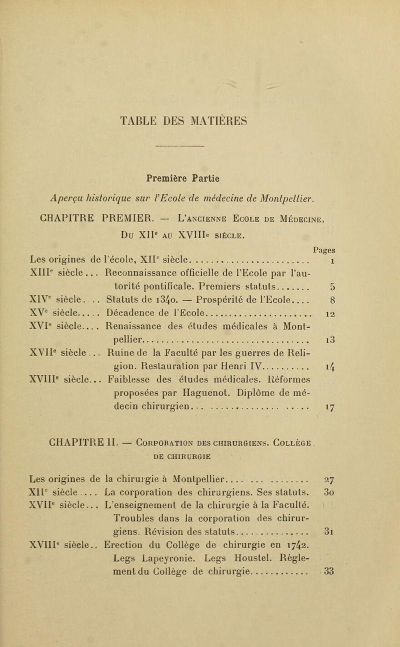 TABLE DES MATIERES Première Partie Aperçu historique sur l'Ecole de médecine de Montpellier. CHAPITRE PREMIER. — L'ancienne Ecole de Médecine, Du XIIe au XVIII* SIÈCLE. Pages Les origines de l'école, XIIe siècle 1 XIIIe siècle ... Reconnaissance officielle de l'Ecole par l'au- torité pontificale. Premiers statuts 5 XIVe siècle... Statuts de i34o. — Prospérité de l'Ecole 8 XVe siècle Décadence de l'Ecole 12 XVIe siècle.... Renaissance des études médicales à Mont- pellier. i3 XVIIe siècle ... Ruine de la Faculté par les guerres de Reli- gion. Restauration par Henri IV 14 XVIIIe siècle... Faiblesse des études médicales. Réformes proposées par Haguenot. Diplôme de mé- decin chirurgien 17 CHAPITPiE II. — Corporation des chirurgiens. Collège, de chirurgie Les origines de la chirurgie à Montpellier 27 XIIe siècle .... La corporation des chirurgiens. Ses statuts. 3o XVIIe siècle... L'enseignement de la chirurgie à la Faculté. Troubles dans la corporation des chirur- giens. Révision des statuts 3i XVIIIe siècle.. Erection du Collège de chirurgie en 1742. Legs Lapeyronie. Legs Houstel. Règle- ment du Collège de chirurgie 33