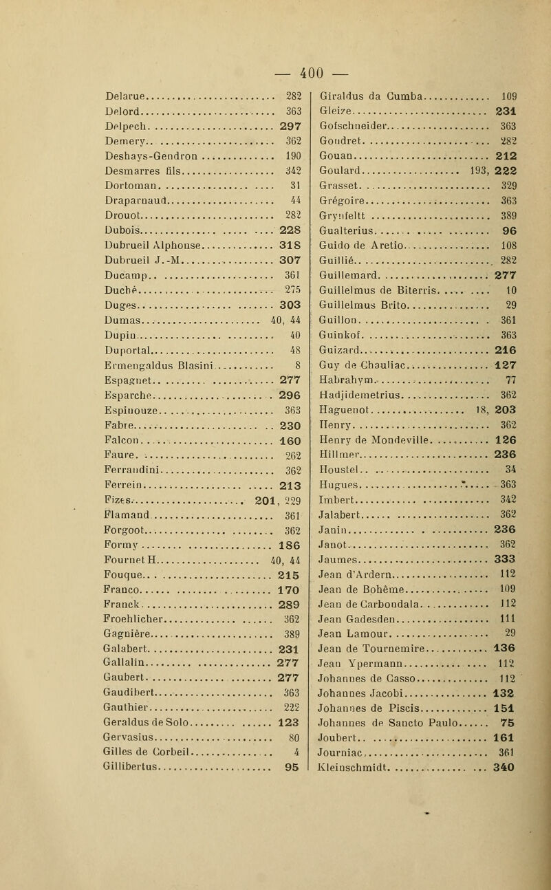 Delarue 282 Delord 363 Delpech 297 Demery 362 Deshays-Gendron 190 Desmarres fils 342 Dortoman 31 Draparnaud 44 Drouot 282 Dubois 228 Dubrueil Alphonse... 318 Dubrueil J.-M 307 Ducamp 361 Duché 275 Duges 303 Dumas 40, 44 Dupiu 40 Duportal 48 Ermengaldus Blasini... 8 Espagnet 277 Esparche 296 Espinouze 363 Fabre 230 Falcon 160 Faure 262 Ferraudini 362 Ferrein 213 Fizes. 201, 229 Flamand 361 Forgoot 362 Formy 186 Fournet H 40, 44 Fouque 215 Franco 170 Franck 289 Froehlicher 362 Gagnière 389 Galabert 231 Gallalin 277 Gaubert 277 Gaudibert 363 Gauthier 222 Geraldus de Solo 123 Gervasius 80 Gilles de Corbeil 4 Gillibertus 95 Giraldus da Cumba 109 Gleize 231 Gofschneider 363 Goudret 282 Gouan 212 Goulard 193, 222 Grasset 329 Grégoire 363 Grynfeltt 389 Gualterius 96 Guido de Aretio 108 Guillié 282 Guillemard 277 Guillelmus de Biterris. 10 Guillelmus Btïto 29 Guillon 361 Guinkof 363 Guizard 216 Guy de Ghauliac 127 Habrahym.- 77 Hadjidemetrius 362 Haguenot 18, 203 Henry 362 Henry de Mondeville. ..., 126 Hillmer 236 Houstel 34 Hugues ...... 363 Imbert 342 Jalabert 362 Janin 236 Janot. 362 Jaumes 333 Jean d'Ardern 112 Jean de Bohême 109 Jean de Garbondala. 112 Jean Gadesden 111 Jean Lamour 29 Jean de Tournemire 136 Jean Ypermann 112 Joharmes de Gasso 112 Johannes Jacobi 132 Johannes de Piscis 151 Johannes de Sancto Paulo 75 Joubert 161 Journiac, 361 Kleinschmidt 340
