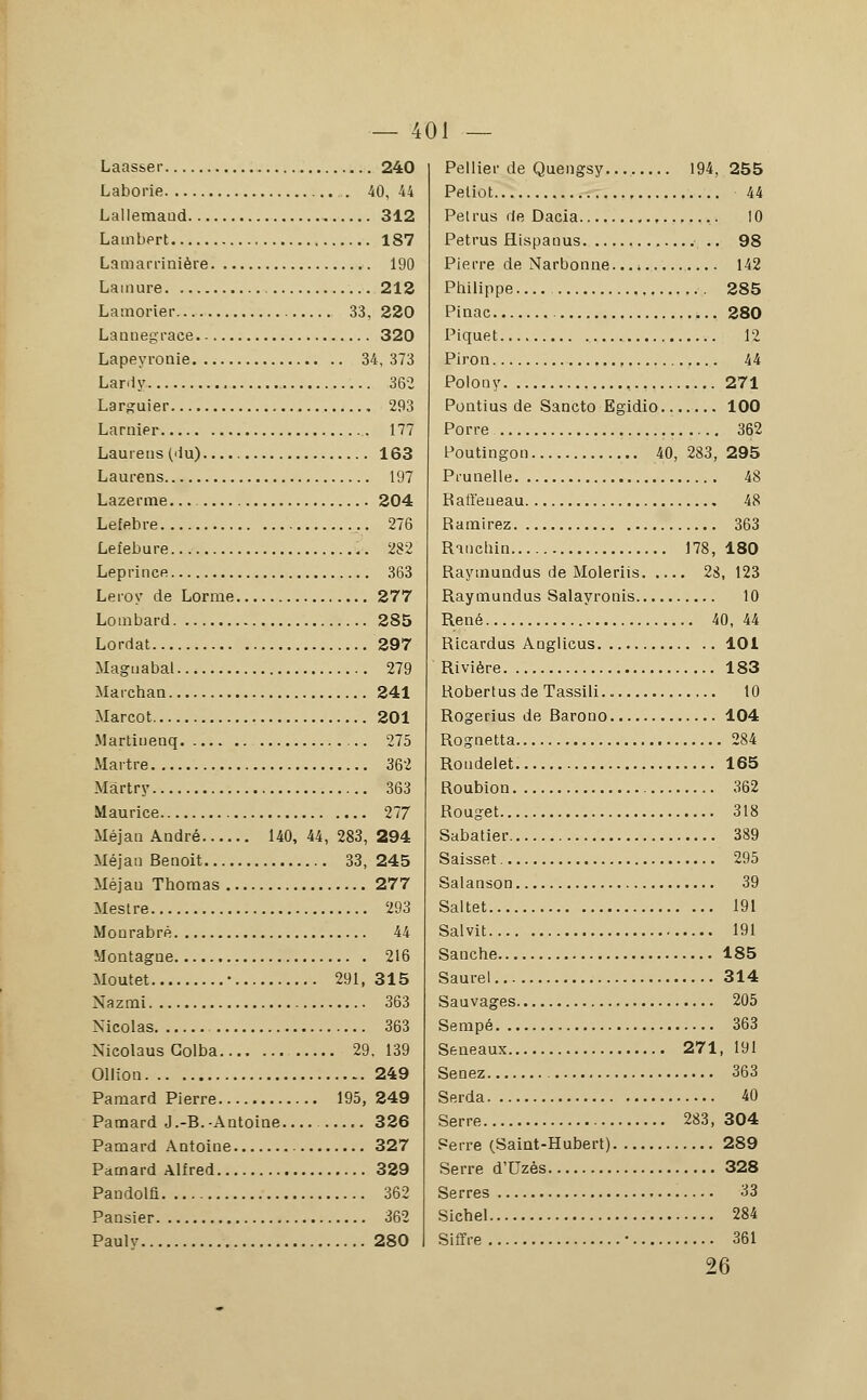 4 Laasser 240 Laborie . 40, 44 Lallemaud 312 Lambert 187 Lamarrinière 190 Lamure 212 Lamorier 33, 220 Lannegrace 320 Lapeyronie 34,373 Lardy 362 Larguier 293 Larnier 177 Laurens (du) 163 Laurens 197 Lazerme. 204 Lefebre ,. 276 Lefebure 232 Leprince 363 Leroy de Lorme 277 Lombard 285 Lordat 297 Maguabal 279 Marchan 241 Marcot 201 Martiuenq 275 Martre 362 Mârtry 363 Maurice 277 Méjan André 140, 44, 283, 294 Méjaa Benoit 33, 245 Mèjau Thomas 277 Mestre 293 Monrabré 44 Montagne 216 Moutet ' 291, 315 Xazmi 363 Nicolas 363 Nieolaus Golba 29. 139 Ollion 249 Pamard Pierre 195, 249 Pamard J.-B.-Antoine 326 Pamard Antoine 327 Pamard Alfred 329 Pandolfi 362 Pansier 362 Paulv 280 01 Pellier de Quengsy 194, 255 Peliot 44 Pet rus de Dacia , 10 Petrus Hispanus .. 98 Pierre de Narbonne... ; 142 Philippe 285 Pinac 280 Piquet 12 Piron , 44 Polony 271 Pontius de Sancto Egidio 100 Porre 362 Poutingoti 40, 283, 295 Prunelle 48 Raffeueau 48 Ramirez 363 Ranchin 178, 180 Raymundus de Moleriis 28, 123 Raymundus Salayronis 10 René 40, 44 Ricardus Aaglicus 101 Rivière 183 Robertus de Tassili.. 10 Rogerius de Barono 104 Rognetta 284 Rondelet 165 Roubion 362 Rouget 318 Sabatier 389 Saisset 295 Salanson 39 Saltet 191 Salvit 191 Sauche 185 Saurel 314 Sauvages 205 Sempé 363 Seneaux 271, 191 Seriez 363 Serda 40 Serre 283, 304 Serre (Saint-Hubert) 289 Serre d'Uzès 328 Serres 33 Sichel 284 Siffre • 361 26