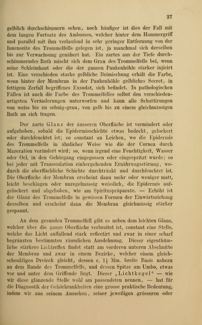 gelblich durchschimmern sehen, noch häufiger ist dies der Fall mit dem langen Fortsatz des Ambosses, welcher hinter dem Hammergriff und parallel mit ihm verlaufend in sehr geringer Entfernung von der Innenseite des Trommelfells gelegen ist, ja manchmal sich derselben bis zur Verwachsung genähert hat. Ein zartes aus der Tiefe durch- schimmerndes Roth mischt sich dem Grau des Trommelfells bei, wenn seine Schleimhaut oder die der ganzen Paukenhöhle stärker injicirt ist. Eine verschieden starke gelbliche Beimischung erhält die Farbe, wenn hinter der Membran in der Paukenhöhle gelbliches Secret, in fettigem Zerfall begriffenes Exsudat, sich befindet. In pathologischen Fällen ist auch die Farbe des Trommelfelles selbst den verschieden- artigsten Veränderungen unterworfen und kann alle Schattirungen von weiss bis zu sehnig-grau, von gelb bis zu einem gleichmässigen Roth an sich tragen. Der zarte Glanz der äusseren Oberfläche ist vermindert oder aufgehoben, sobald die Epidermisschichte etwas bedeckt, gelockert oder durchfeuchtet ist; so constant an Leichen, wo die Epidermis des Trommelfells in ähnlicher Weise wie die der Cornea durch Mazeration verändert wird; so, wenn irgend eine Feuchtigkeit, Wasser oder Oel, in den Gehörgang eingegossen oder eingespritzt wurde; so bei jeder mit Transsudation einhergehenden Ernährungsstörung, wo- durch die oberflächliche Schichte durchtränkt und durchfeuchtet ist. Die Oberfläche der Membran erscheint dann mehr oder weniger matt, leicht beschlagen oder unregelmässig weisslich, die Epidermis auf- gelockert und abgehoben, wie am Spirituspräparate. — Erhöht ist der Glanz des Trommelfells in gewissen Formen der Einwärtsziehung desselben und erscheint dann die Membran gleichmässig stärker gespannt, An dem gesunden Trommelfell gibt es neben dem leichten Glanz, welcher über die ganze Oberfläche verbreitet ist, constant eine Stelle, welche das Licht auffallend stark reflectirt und zwar in einer scharf begränzten bestimmten räumlichen Ausdehnung. Dieser eigenthüm- liche stärkere Lichtreflex findet statt am vorderen unteren Abschnitte der Membran und zwar in einem Bezirke, welcher einein gleich- schenkligen Dreieck gleicht, dessen c. 1| Mm. breite Basis nahezu an dem Rande des Trommelfells, und dessen Spitze am Umbo, etwas vor und unter dem Griffende liegt. Dieser „Lichtkegel — wie wir diese glänzende Stelle wohl am passendsten nennen, — hat für die Diagnostik der Geliörkrankheiten eine grosse praktische Bedeutung, indem wir aus seinein Aussehen, seiner jeweiligen grösseren oder