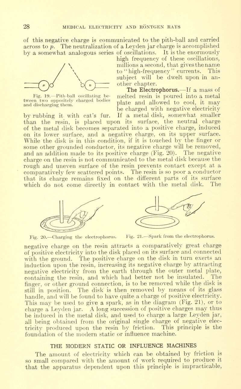 of this negative charge is communicated to the pith-ball and carried across to p. The neutralization of a Ley den jar charge is accomplished by a somewhat analogous series of oscillations. It is the enormously high frequency of these oscillations, millions a second, that gives the name to  high-frequency  currents. This subject will be dwelt upon in an- other chapter. The Electrophorus.—If a mass of melted resin is poured into a metal plate and allowed to cool, it may be charged with negative electricity If a metal disk, somewhat smaller its surface, the neutral charge 0c/ b© Fig. 19.—Pith-ball oscillating be- tween two oppositely charged bodies and discharging them. by rubbing it with cat's fur. than the resin, is placed upon of the metal disk becomes separated into a positive charge, induced on its lower surface, and a negative charge, on its upper surface. While the disk is in this condition, if it is touched by the finger or some other grounded conductor, its negative charge will be removed, and an addition made to its positive charge (Fig. 20). The negative charge on the resin is not communicated to the metal disk because the rough and uneven surface of the resin prevents contact except at a comparatively few scattered points. The resin is so poor a conductor that its charge remains fixed on the different parts of its surface which do not come directly in contact with the metal disk. The Fig. 20.—Charging the electrophorus. Fig. 21.—Spark from the electrophorus. negative charge on the resin attracts a comparatively great charge of positive electricity into the disk placed on its surface and connected with the ground. The positive charge on the disk in turn exerts an induction upon the resin, increasing its negative charge by attracting negative electricity from the earth through the outer metal plate, containing the resin, and which had better not be insulated. _ The finger, or other ground connection, is to be removed while the disk is still in position. The disk' is then removed by means of its glass handle, and will be found to have quite a charge of positive electricity. This may be used to give a spark, as in the diagram (Fig. 21), or to charge a Leyden jar. A long succession of positive charges may thus be induced in the metal disk, and used to charge a large Leyden jar, all being obtained from the original single charge of negative elec- tricity produced upon the resin by friction. This principle is the foundation of the modern static or influence machine. THE MODERN STATIC OR INFLUENCE MACHINES The amount of electricity which can be obtained by friction is so small compared with the amount of work required to produce it that the apparatus dependent upon this principle is impracticable,