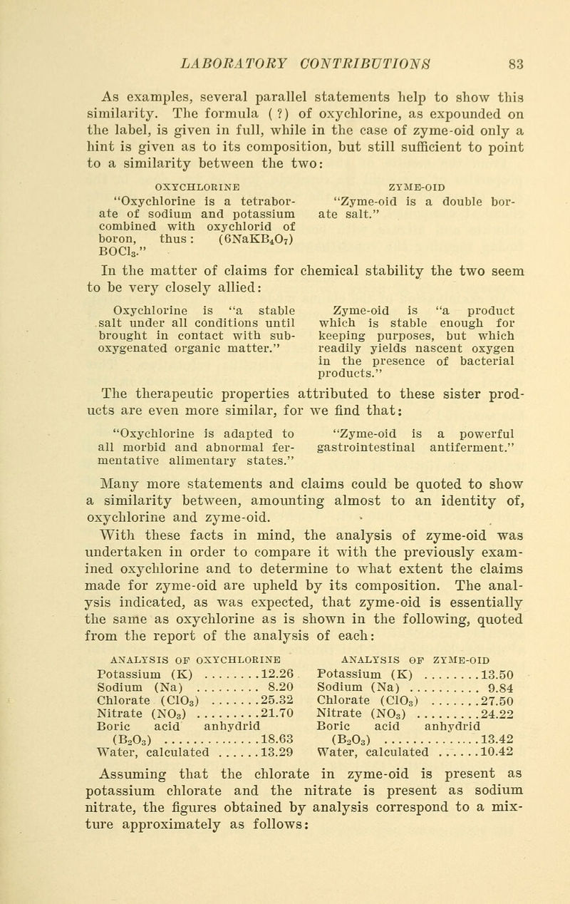 As examples, several parallel statements help to show this similarity. The formula (?) of oxychlorine, as expounded on the label, is given in full, while in the case of zyme-oid only a hint is given as to its composition, but still sufficient to point to a similarity between the two: OXYCHLORINE ZYME-OID Oxychlorine is a tetrabor- Zyme-oid is a double bor- ate of sodium and potassium ate salt. combined with oxychlorid of boron, thus: (SNaKB^OT) BOCI3. In the matter of claims for chemical stability the two seem to be very closely allied: Oxychlorine is a stable Zyme-oid is a product salt under all conditions until which is stable enough for brought in contact with sub- keeping purposes, but which oxygenated organic matter. readily yields nascent oxygen in the presence of bacterial products. The therapeutic properties attributed to these sister prod- ucts are even more similar, for we find that: Oxychlorine is adapted to Zyme-oid is a powerful all morbid and abnormal fer- gastrointestinal antiferment. meutative alimentary states. Many more statements and claims could be quoted to show a similarity between, amounting almost to an identity of, oxychlorine and zyme-oid. With these facts in mind, the analysis of zyme-oid was undertaken in order to compare it with the previously exam- ined oxychlorine and to determine to what extent the claims made for zyme-oid are upheld by its composition. The anal- ysis indicated, as was expected, that zyme-oid is essentially the same as oxychlorine as is shown in the following, quoted from the report of the analysis of each: ANALYSIS OF OXYCHLORINE ANALYSIS OF ZYME-OID Potassium (K) 12.26 Potassium (K) 13.50 Sodium (Na) 8.20 Sodium (Na) 9.84 Chlorate (CIO3) 25.32 Chlorate (CIO3) 27.50 Nitrate (NO3) 21.70 Nitrate (NO3) 24.22 Boric acid anhydrid Boric acid anhydrid (B2O3) 18.63 (B2O3) 13.42 Water, calculated 13.29 Water, calculated 10.42 Assuming that the chlorate in zyme-oid is present as potassium chlorate and the nitrate is present as sodium nitrate, the figures obtained by analysis correspond to a mix- ture approximately as follows: