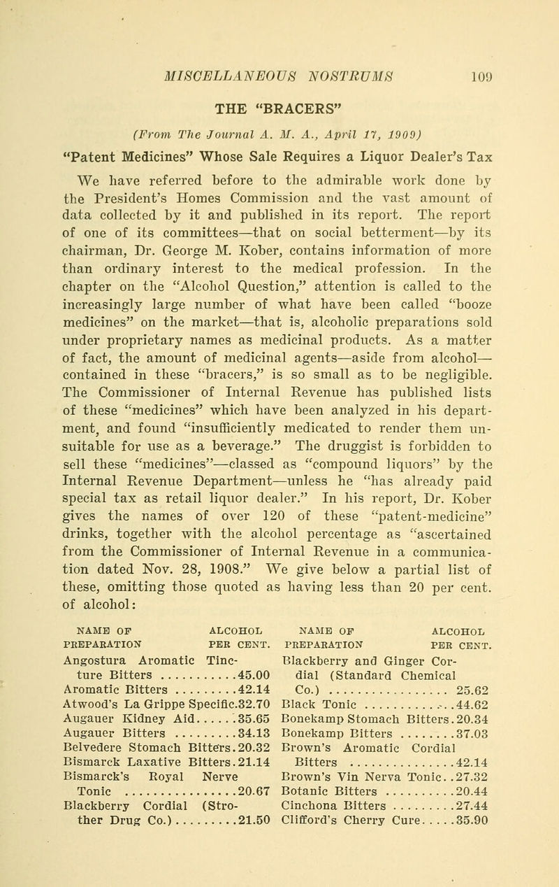 THE BRACERS (From The Journal A. M. A., April 11, 1909) Patent Medicines Whose Sale Requires a Liquor Dealer's Tax We have referred before to the admirable work done by the President's Homes Commission and the vast amount of data collected by it and published in its report. The report of one of its committees—that on social betterment—by its chairman, Dr. George M. Kober, contains information of more than ordinary interest to the medical profession. In the chapter on the Alcohol Question, attention is called to the increasingly large number of what have been called booze medicines on the market—that is, alcoholic preparations sold under proprietary names as medicinal products. As a matter of fact, the amount of medicinal agents—aside from alcohol— contained in these bracers, is so small as to be negligible. The Commissioner of Internal Revenue has published lists of these medicines which have been analyzed in his depart- ment, and found insufficiently medicated to render them un- suitable for use as a beverage. The druggist is forbidden to sell these medicines—classed as compound liquors by the Internal Revenue Department—unless he has already paid special tax as retail liquor dealer. In his report, Dr. Kober gives the names of over 120 of these patent-medicine drinks, together with the alcohol percentage as ascertained from the Commissioner of Internal Revenue in a communica- tion dated Nov. 28, 1908. We give below a partial list of these, omitting those quoted as having less than 20 per cent, of alcohol: NAME OF ALCOHOL NAME OF ALCOHOL PREPARATION PER CENT. PREPARATION PER CENT. Angostura Aromatic Tine- Blackberry and Ginger Cor- ture Bitters 45.00 dial (Standard Chemical Aromatic Bitters 42.14 Co.) 25.62 Atwood's La Grippe Speciflc.32.70 Black Tonic .-. .44.62 Augauer Kidney Aid .35.65 Bonekamp Stomach Bitters.20.34 Augauer Bitters 34.13 Bonekamp Bitters 37.03 Belvedere Stomach Bitters.20.32 Brown's Aromatic Cordial Bismarck Laxative Bitters.21.14 Bitters 42.14 Bismarck's Koyal Nerve Brown's Vim Nerva Tonic. .27.32 Tonic 20.67 Botanic Bitters 20.44 Blackberry Cordial (Stro- Cinchona Bitters 27.44 ther Drug Co.) 21.50 Clifford's Cherry Cure 35.90