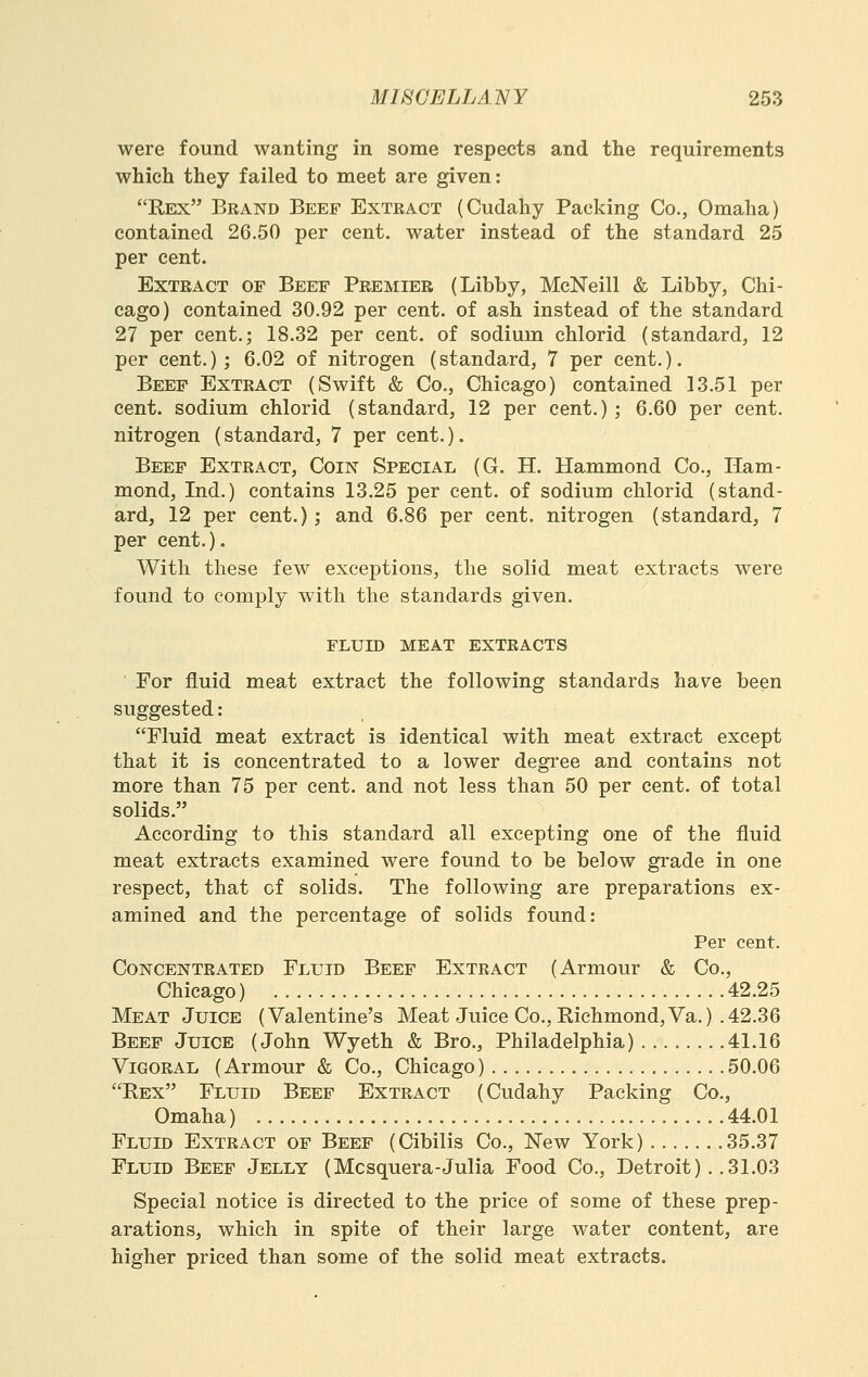 were found wanting in some respects and the requirements which they failed to meet are given: Rex Brand Beef Extract (Cudahy Packing Co., Omaha) contained 26.50 per cent, water instead of the standard 25 per cent. Extract of Beef Premier (Libby, McNeill & Libby, Chi- cago) contained 30.92 per cent, of ash instead of the standard 27 per cent.; 18.32 per cent, of sodium chlorid (standard, 12 per cent.); 6.02 of nitrogen (standard, 7 per cent.). Beef Extract (Swift & Co., Chicago) contained 13.51 per cent, sodium chlorid (standard, 12 per cent.) ; 6.60 per cent, nitrogen (standard, 7 per cent.). Beef Extract, Coin Special (G. H. Hammond Co., Ham- mond, Ind.) contains 13.25 per cent, of sodium chlorid (stand- ard, 12 per cent.); and 6.86 per cent, nitrogen (standard, 7 per cent.). With these few exceptions, the solid meat extracts were found to comply with the standards given. fluid meat extracts For fluid meat extract the following standards have been suggested: Fluid meat extract is identical with meat extract except that it is concentrated to a lower degree and contains not more than 75 per cent, and not less than 50 per cent, of total solids. According to this standard all excepting one of the fluid meat extracts examined were found to be below grade in one respect, that of solids. The following are preparations ex- amined and the percentage of solids found: Per cent. Concentrated Fluid Beef Extract (Armour & Co., Chicago) 42.25 Meat Juice (Valentine's Meat Juice Co., Richmond,Va.) .42.36 Beef Juice (John Wyeth & Bro., Philadelphia) 41.16 ViGORAL (Armour & Co., Chicago) 50.06 Rex Fluid Beef Extract (Cudahy Packing Co., Omaha) 44.01 Fluid Extract of Beef (Cibilis Co., New York) 35.37 Fluid Beef Jelly (Mcsquera-Julia Food Co., Detroit). .31.03 Special notice is directed to the price of some of these prep- arations, which in spite of their large water content, are higher priced than some of the solid meat extracts.