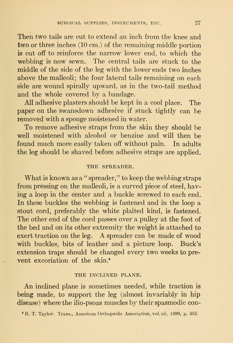 Then two tails are cut to extend an inch from the knee and two or three inches (10 cm.) of the remaining middle portion is cut off to reinforce the narrow lower end, to which the webbing is now sewn. The central tails are stuck to the middle of the side of the leg with the lower ends two inches above the malleoli; the four lateral tails remaining on each side are wound spirally upward, as in the two-tail method and the whole covered by a bandage. All adhesive plasters should be kept in a cool place. The paper on the swansdown adhesive if stuck tightly can be removed with a sponge moistened in water. To remove adhesive straps from the skin they should be well moistened with alcohol or benzine and will then be found much more easily taken off without pain. In adults the leg should be shaved before adhesive straps are applied. THE SPREADER. What is known as a  spreader, to keep the webbing straps from pressing on the malleoli, is a curved piece of steel, hav- ing a loop in the center and a buckle screwed to each end. In these buckles the webbing is fastened and in the loop a stout cord, preferably the white plaited kind, is fastened. The other end of the cord passes over a pulley at the foot of the bed and on its other extremity the weight is attached to exert traction on the leg. A spreader can be made of wood with buckles, bits of leather and a picture loop. Buck's extension traps should be changed every two weeks to pre- vent excoriation of the skin. THE INCLINED PLANE. An inclined plane is sometimes needed, while traction is being made, to support the leg (almost invariably in hip disease) where the ilio-psoas muscles by their spasmodic con- ' R. T. Taylor: Trans., American Orthopaedic Association, vol. xii, 1899, p. 355.