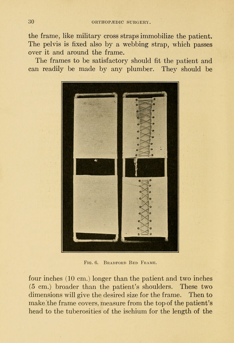 the frame, like military cross straps immobilize the patient. The pelvis is fixed also by a webbing strap, which passes over it and around the frame. The frames to be satisfactory should fit the patient and can readily be made by any plumber. They should be Fig. 6. Bradford Bed Frame. four inches (10 cm.) longer than the patient and two inches (5 cm.) broader than the patient's shoulders. These two dimensions will give the desired size for the frame. Then to make !the frame covers, measure from the top of the patient's head to the tuberosities of the ischium for the length of the