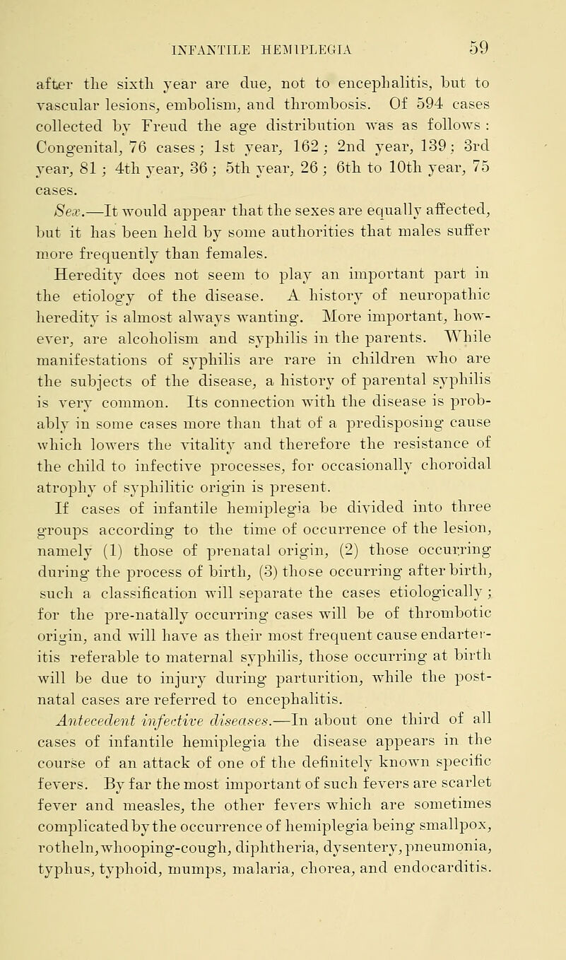after the sixth year are due, not to encephalitis, but to vascular lesions, embolism, and thrombosis. Of 594 cases collected by Freud the age distribution was as follows : Congenital, 76 cases; 1st year, 162; 2nd year, 139; 3rd year, 81; 4th year, 36 ; 5th year, 26 ; 6th to 10th year, 75 cases. Sex.—It would appear that the sexes are equally affected, but it has been held by some authorities that males suifer more frequently than females. Heredity does not seem to play an important part in the etiology of the disease. A history of neuropathic heredity is almost always wanting. More important, how- ever, are alcoholism and syphilis in the parents. While manifestations of syphilis are rare in children who are the subjects of the disease, a history of parental syphilis is very common. Its connection with the disease is prob- ably in some cases more than that of a predisposing cause which lowers the Autality and therefore the resistance of the child to infective processes, for occasionally choroidal atrophy of syphilitic origin is present. If cases of infantile hemiplegia be divided into three groups according to the time of occurrence of the lesion, namely (1) those of prenatal origin, (2) those occurring during the process of birth, (3) those occurring afterbirth, such a classification will separate the cases etiologically ; for the pre-natally occurring cases will be of thrombotic origin, and will have as their most frequent cause endarter- itis referable to maternal syphilis, those occurring at birth will be due to injury during parturition, while the post- natal cases are referred to encephalitis. Antecedent infective diseases.—In about one third of all cases of infantile hemiplegia the disease appears in the course of an attack of one of the definitely known specific fevers. By far the most important of such fevers are scarlet fever and measles, the other fevers which are sometimes complicated by the occurrence of hemiplegia being smallpox, rotheln, whooping-cough, diphtheria, dysentery,pneumonia, typhus, typhoid, mumps, malaria, chorea, and endocarditis.
