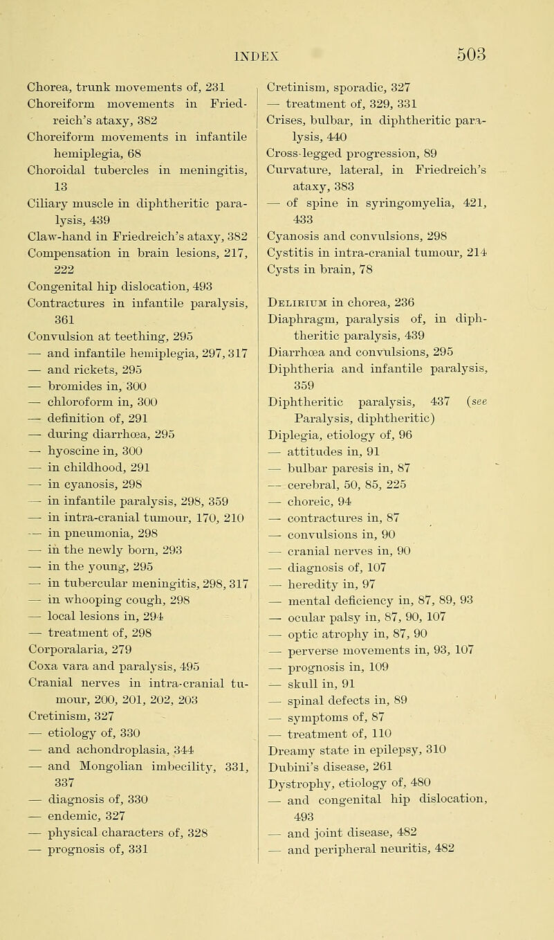 Chorea, trunk movements of, 231 Choreiform movements in Fried- reich's ataxy, 382 Choreiform movements in infantile hemiplegia, 68 Choroidal tubercles in meningitis, 13 Ciliary muscle in diphtheritic para- lysis, 439 Claw-hand in Friedreich's ataxy, 382 Compensation in brain lesions, 217, 222 Congenital hip dislocation, 493 Contractures in infantile paralysis, 361 Convulsion at teething, 295 — and infantile hemiplegia, 297,317 — and rickets, 295 — bromides in, 300 — chloroform in, 300 — definition of, 291 — during diarrhoea, 295 — hyoscine in, 300 — in childhood, 291 — in cyanosis, 298 — in infantile paralysis, 298, 359 — in intra-cranial tumour, 170, 210 — in pneumonia, 298 — in the newly born, 293 — in the young, 295 — in tubercular meningitis, 298, 317 — in whooping cough, 298 — local lesions in, 294 — treatment of, 298 Corporalaria, 279 Coxa vara and paralysis, 495 Cranial nerves in intra-cranial tu- mour, 200, 201, 202, 203 Cretinism, 327 — etiology of, 330 — and achondroplasia, 344 — and Mongolian imbecility, 331, 337 — diagnosis of, 330 — endemic, 327 — physical characters of, 328 — prognosis of, 331 Cretinism, sporadic, 327 — treatment of, 329, 331 Crises, bulbar, in diphtheritic para- lysis, 440 Cross-legged progression, 89 Curvature, lateral, in Friedreich's ataxy, 383 — of spine in syringomyelia, 421, 433 Cyanosis and convulsions, 298 Cystitis in intra-cranial tumour, 214 Cysts in brain, 78 Delirium in chorea, 236 Diaphragm, pai*alysis of, in diph- theritic paralysis, 439 Diarrhoea and convulsions, 295 Diphtheria and infantile paralysis, 359 Diphtheritic paralysis, 437 (see Paralysis, diphtheritic) Diplegia, etiology of, 96 — attitudes in, 91 — bulbar paresis in, 87 — cerebral, 50, 85, 225 — choreic, 94 — contractures in, 87 — convulsions in, 90 — cranial nerves in, 90 — diagnosis of, 107 — heredity in, 97 — mental deficiency in, 87, 89, 93 — ocular palsy in, 87, 90, 107 — optic atrophy in, 87, 90 — perverse movements in, 93, 107 — prognosis in, 109 — skull in, 91 — spinal defects in, 89 — symptoms of, 87 — treatment of, 110 Dreamy state in epilepsy, 310 Dubini's disease, 261 Dystrophy, etiology of, 480 — and congenital hip dislocation, 493 — and joint disease, 482 — and peripheral neuritis, 482