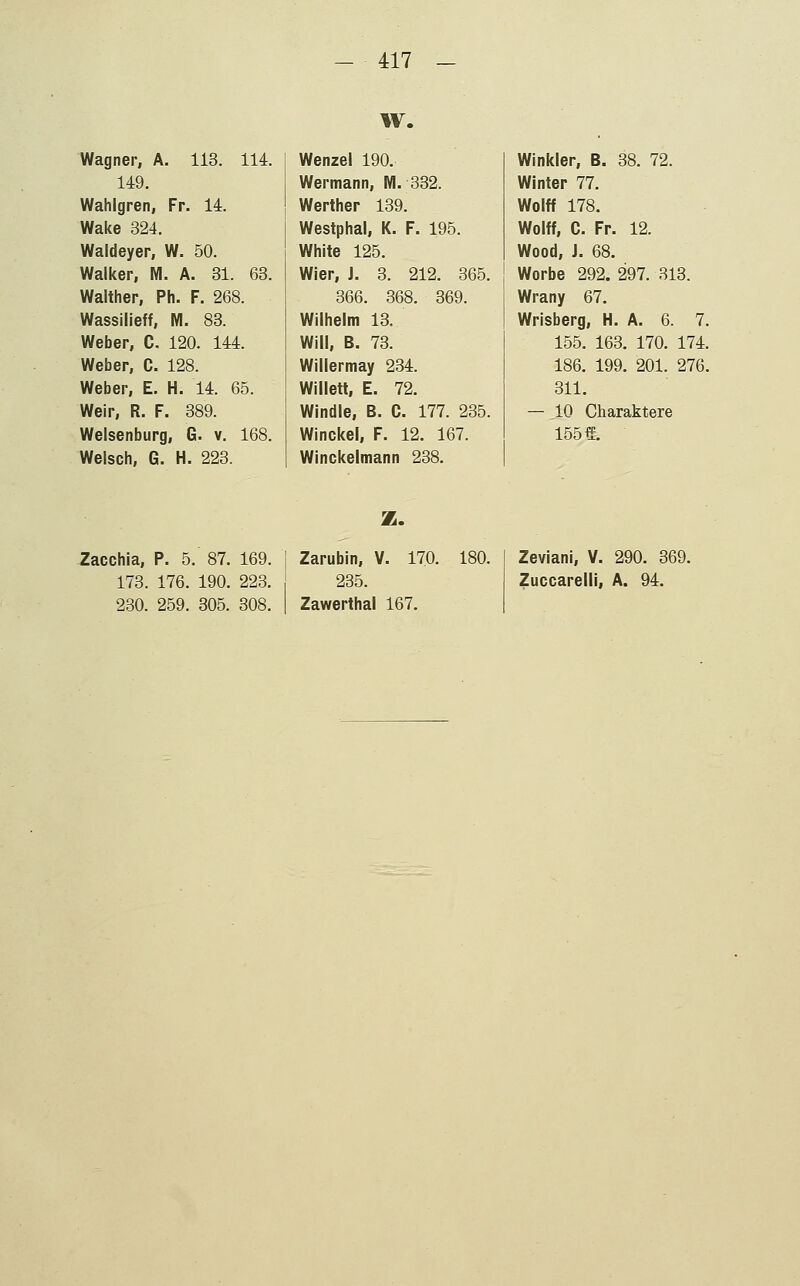 Wagner, A. 113. 114. 149. Wahlgren, Fr. 14. Wake 324. Waldeyer, W. 50. Walker, M. A. 31. 63. Walther, Ph. F. 268. Wassilleff, M. 83. Weber, C. 120. 144. Weber, C. 128. Weber, E. H. 14. 65. Weir, R. F. 389. Welsenburg, G. v. 168. Welsch, G. H. 223. Wenzel 190. Wermann, M. 332. Werther 139. Westphal, K. F. 195. White 125. WIer, J. 3. 212. 365. 366. 368. 369. Wilhelm 18. Will, B. 73. Willermay 234. Willett, E. 72. Windle, B. C. 177. 235. Winckel, F. 12. 167. Winckelmann 238. Winkler, B. 38. 72. Winter 77. Wulff 178. Wolff, C. Fr. 12. Wood, J. 68. Werbe 292. 297. 313. Wrany 67. Wrisberg, H. A. 6. 7. 155. 163. 170. 174. 186. 199. 201. 276. 311. — 10 Charaktere 155«-. Zacchia, P. 5. 87. 169. 173. 176. 190. 223. 230. 259. 305. 308. Z. Zarubin, V. 170. 180. 235. Zawerthal 167. Zeviani, V. 290. 369. Zuocarelli, A. 94.