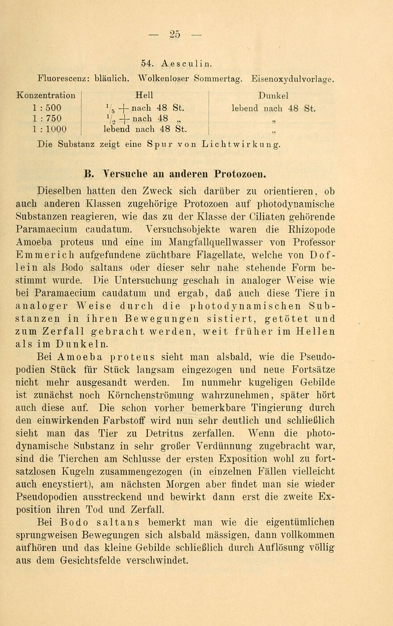 1 500 1 : 750 1 1000 — 25 — 54. Aesculin. Fluorescenz: bläulich. Wolkenloser Sommertag. Eisenoxydulvorlage. 75 -f- nach 48 St. lebend nach 48 x[2 -f- nach 48 „ lebend nach 48 St. Die Substanz zeigt eine Spur von Lichtwirkung. B. Versuche an anderen Protozoen. Dieselben hatten den Zweck sich darüber zu orientieren, ob auch anderen Klassen zugehörige Protozoen auf photodynamische Substanzen reagieren, wie das zu der Klasse der Ciliaten gehörende Paramaecium caudatum. Versuchsobjekte waren die Rhizopode Amoeba proteus und eine im Mangfallquellwasser von Professor Emmerich aufgefundene züchtbare Flagellate, welche von Dof- lein als Bodo saltans oder dieser sehr nahe stehende Form be- stimmt wurde. Die Untersuchung geschah in analoger Weise wie bei Paramaecium caudatum und ergab, daß auch diese Tiere in analoger Weise durch die photodynamischen Sub- stanzen in ihren Bewegungen sistiert, getötet und zum Zerfall gebracht werden, weit früher im Hellen als im Dunkeln. Bei Amoeba proteus sieht man alsbald, wie die Pseudo- podien Stück für Stück langsam eingezogen und neue Fortsätze nicht mehr ausgesandt werden. Im nunmehr kugeligen Gebilde ist zunächst noch Körnchenströmung wahrzunehmen, später hört auch diese auf. Die schon vorher bemerkbare Tingierung durch den einwirkenden Farbstoff wird nun sehr deutlich und schließlich sieht man das Tier zu Detritus zerfallen. Wenn die photo- dynamische Substanz in sehr großer Verdünnung zugebracht war, sind die Tierchen am Schlüsse der ersten Exposition wohl zu fort- satzlosen Kugeln zusammengezogen (in einzelnen Fällen vielleicht auch encystiert), am nächsten Morgen aber findet man sie wieder Pseudopodien ausstreckend und bewirkt dann erst die zweite Ex- position ihren Tod und Zerfall. Bei Bodo saltans bemerkt man wie die eigentümlichen sprungweisen Bewegungen sich alsbald massigen, dann vollkommen aufhören und das kleine Gebilde schließlich durch Auflösung völlig aus dem Gesichtsfelde verschwindet.