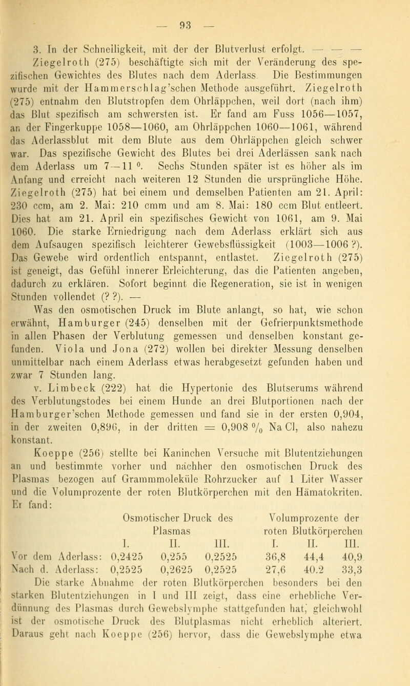 3. In der Schnelligkeit, mit der der Blutverlust erfolgt. — — — Ziegelroth (275) beschäftigte sich mit der Veränderung des spe- zifischen Gewichtes des Blutes nach dem iVderlass Die Bestimmungen wurde mit der Hammerschlag'schen Methode ausgeführt. Ziegelroth (275) entnahm den Blutstropfen dem Ohrläppchen, weil dort (nach ihm) das Blut spezifisch am schwersten ist. Er fand am Fuss 1056—1057, an der Fingerkuppe 1058—1060, am Ohrläppchen 1060—1061, während das Aderlassblut mit dem Blute aus dem Ohrläppchen gleich schwer war. Das spezifische Gewicht des Blutes bei drei Aderlässen sank nach dem Aderlass um 7—11 °. Sechs Stunden später ist es höher als im Anfang und erreicht nach weiteren 12 Stunden die ursprüngliche Höhe. Ziegelroth (275) hat bei einem und demselben Patienten am 21. April: 230 ccm, am 2. Mai: 210 cmm und am 8. Mai: 180 ccm Blut entleert. Dies hat am 21. April ein spezifisches Gewicht von 1061, am 9. Mai 1060. Die starke Erniedrigung nach dem Aderlass erklärt sich aus dem i\ufsaugen spezifisch leichterer Gewebsflüssigkeit (1003—1006 ?). Das Gewebe wird ordentlich entspannt, entlastet, Ziegelroth (275) ist geneigt, das Gefühl innerer Erleichterung, das die Patienten angeben, dadurch zu erklären. Sofort beginnt die Regeneration, sie ist in wenigen Stunden vollendet (? ?). — Was den osmotischen Druck im Blute anlangt, so hat, wie schon erwähnt, Hamburger (245) denselben mit der Gefrierpunktsmethode in allen Phasen der Verblutung gemessen und denselben konstant ge- funden. Viola und Jona (272) wollen bei direkter Messung denselben unmittelbar nach einem Aderlass etwas herabgesetzt gefunden haben und zwar 7 Stunden lang. v. Limb eck (222) hat die Hypertonie des Blutserums während des Verblutungstodes bei einem Hunde an drei Blutportionen nach der Harn burger'sehen Methode gemessen und fand sie in der ersten 0,904, in der zweiten 0,896, in der dritten = 0,908 % Na Cl, also nahezu konstant. Koeppe (256) stellte bei Kaninchen Versuche mit Blutentziehungen an und bestimmte vorher und nachher den osmotischen Druck des Plasmas bezogen auf Grammmoleküle Rohrzucker auf 1 Liter Wasser und die Volumprozente der roten Blutkörperchen mit den Hämatokriten. Er fand: Osmotischer Druck des Volumprozente der Plasmas roten Blutkörperchen I. IL III. 36,8 44,4 40,9 27,6 40.2 33,3 Die starke Abnahme der roten Blutkörperchen besonders bei den starken Blutentziehungen in I und III zeigt, dass eine erhebliche Ver- dünnung des Plasmas durch Gewebslymphe stattgefunden hat, gleichwohl ist der osmotische Druck des Blutplasmas nicht erheblich alteriert. Daraus geht nach Koeppe (256) hervor, dass die Gewebslymphe etwa I. IL III. Vor dem Aderlass: 0,2425 0,255 0,2525 Nach d. Aderlass: 0,2525 0,2625 0,2525
