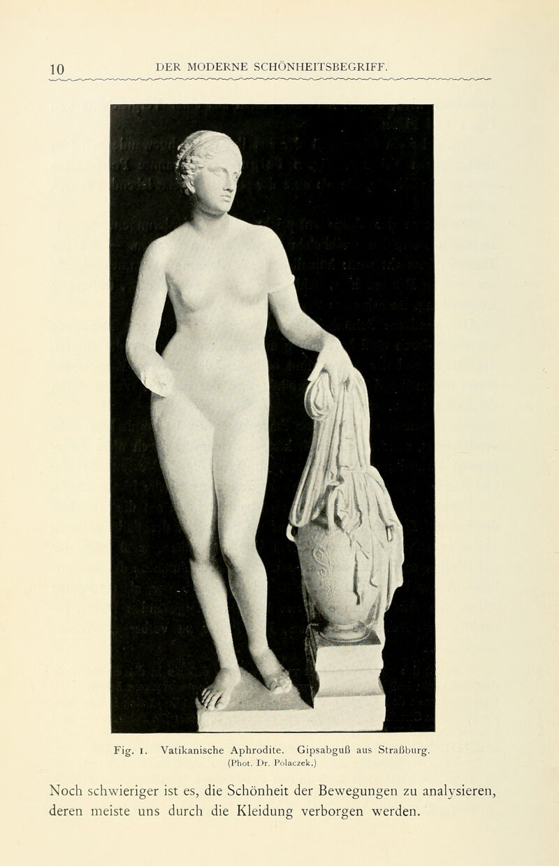 Fig. I. Vatikanische Aphrodite. Gipsabguß aus Straßburg. (Phot. Dr. Polaczek.) Noch schwieriger ist es, die Schönheit der Bewegungen zu analysieren, deren meiste uns durch die Kleidung verborgen werden.