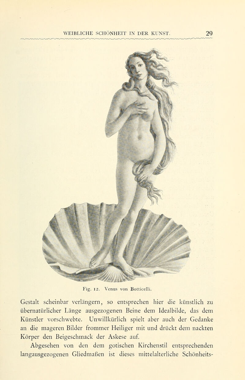 Fig. 12. Venus von Botticelli. Gestalt scheinbar verlängern, so entsprechen hier die künstlich zu übernatürlicher Länge ausgezogenen Beine dem Idealbilde, das dem Künstler vorschwebte. Unwillkürlich spielt aber auch der Gedanke an die mageren Bilder frommer Heiliger mit und drückt dem nackten Körper den Beigeschmack der Askese auf. Abgesehen von den dem gotischen Kirchenstil entsprechenden langausgezogenen Gliedmaßen ist dieses mittelalterliche Schönheits-