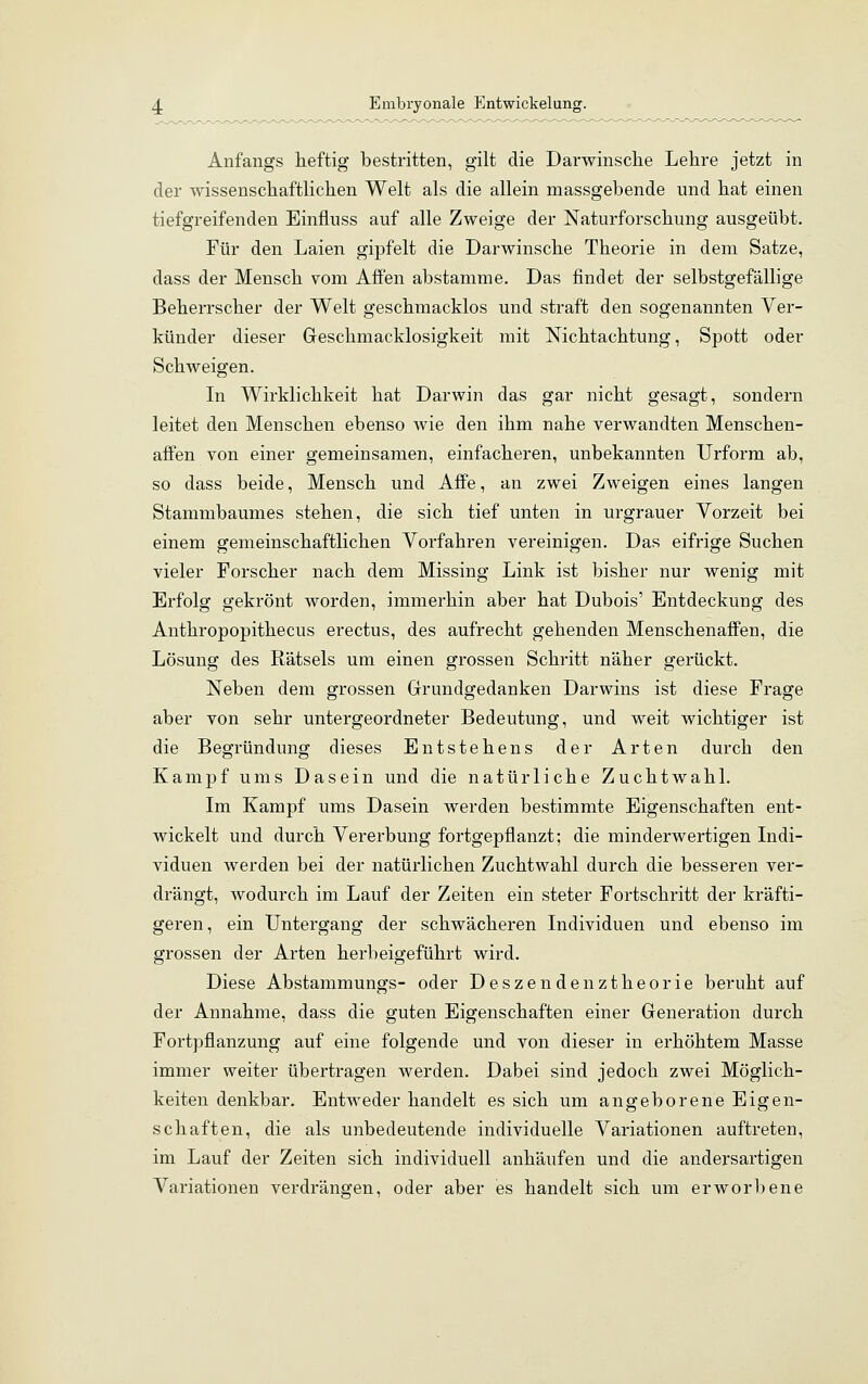 Embryonale Entwickelung. Anfangs heftig bestritten, gilt die Darwinsche Lehre jetzt in der wissenschaftlichen Welt als die allein massgebende und hat einen tiefgreifenden Einflnss auf alle Zweige der Naturforschung ausgeübt. Für den Laien gipfelt die Darwinsche Theorie in dem Satze, dass der Mensch vom Affen abstamme. Das findet der selbstgefällige Beherrscher der Welt geschmacklos und straft den sogenannten Ver- künder dieser Geschmacklosigkeit mit Nichtachtung, Spott oder Schweigen. In Wirklichkeit hat Darwin das gar nicht gesagt, sondern leitet den Menschen ebenso wie den ihm nahe verwandten Menschen- affen von einer gemeinsamen, einfacheren, unbekannten Urform ab, so dass beide, Mensch und Affe, an zwei Zweigen eines langen Stammbaumes stehen, die sich tief unten in urgrauer Vorzeit bei einem gemeinschaftlichen Vorfahren vereinigen. Das eifrige Suchen vieler Forscher nach dem Missing Link ist bisher nur wenig mit Erfolg gekrönt worden, immerhin aber hat Dubois' Entdeckung des Anthropopithecus erectus, des aufrecht gehenden Menschenaffen, die Lösung des Rätsels um einen grossen Schritt näher gerückt. Neben dem grossen Grundgedanken Darwins ist diese Frage aber von sehr untergeordneter Bedeutung, und weit wichtiger ist die Begründung dieses Entstehens der Arten durch den Kampf ums Dasein und die natürliche Zuchtwahl. Im Kampf ums Dasein werden bestimmte Eigenschaften ent- wickelt und durch Vererbung fortgepflanzt; die minderwertigen Indi- viduen werden bei der natürlichen Zuchtwahl durch die besseren ver- drängt, wodurch im Lauf der Zeiten ein steter Fortschritt der kräfti- geren, ein Untergang der schwächeren Individuen und ebenso im grossen der Arten herbeigeführt wird. Diese Abstammungs- oder Deszendenztheorie beruht auf der Annahme, dass die guten Eigenschaften einer Generation durch Fortpflanzung auf eine folgende und von dieser in erhöhtem Masse immer weiter übertragen werden. Dabei sind jedoch zwei Möglich- keiten denkbar. Entweder handelt es sich um angeborene Eigen- schaften, die als unbedeutende individuelle Variationen auftreten, im Lauf der Zeiten sich individuell anhäufen und die andersartigen Variationen verdrängen, oder aber es handelt sich um erworbene