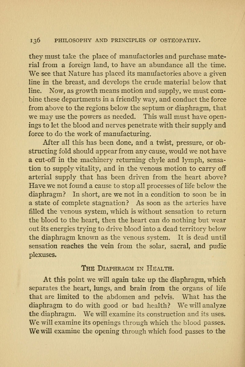 they must take the place of manufactories and purchase mate- rial from a foreign land, to have an abundance all the time. We see that Nature has placed its manufactories above a given line in the breast, and develops the crude material below that line. Now, as growth means motion and supply, we must com- bine these departments in a friendly way, and conduct the force from above to the regions below the septum or diaphragm, that we may use the powers as needed. This wall must have open- ings to let the blood and nerves penetrate with their supply and force to do the work of manufacturing. After all this has been done, and a twist, pressure, or ob- structing fold should appear from any cause, would we not have a cut-off in the machinery returning chyle and lymph, sensa- tion to supply vitality, and in the venous motion to carry off arterial supply that has been driven from the heart above? Have we not found a cause to stop all processes of life below the diaphragm? In short, are we not in a condition to soon be in a state of complete stagnation? As soon as the arteries have filled the venous system, which is without sensation to return the blood to the heart, then the heart can do nothing but wear out its energies trying to drive blood into a dead territory below the diaphragm known as the venous system. It is dead until sensation reaches the vein from the solar, sacral, and pudic plexuses. The Diaphragm in Health. At this point we will again take up the diaphragm, which separates the heart, limgs, and brain from the organs of life that are limited to the abdomen and pelvis. What has the diaphragm to do with good or bad health? We will analyze the diaphragm. We will examine its construction and its uses. We will examine its openings through which the blood passes. We will examine the opening through which food passes to the