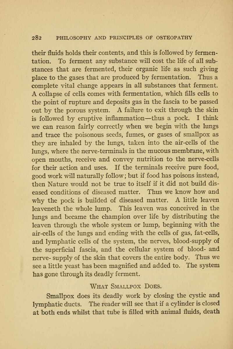 their fluids holds their contents, and this is followed by fermen- tation. To ferment any substance will cost the life of all sub- stances that are fermented, their organic life as such giving place to the gases that are produced by fermentation. Thus a complete vital change appears in all substances that ferment. A collapse of cells comes with fermentation, which fills cells to the point of rupture and deposits gas in the fascia to be passed out by the porous system. A failure to exit through the skin is followed by eruptive inflammation—thus a pock. I think we can reason fairly correctly when we begin with the lungs and trace the poisonous seeds, fumes, or gases of smallpox as they are inhaled by the lungs, taken into the air-cells of the lungs, where the nerve-terminals in the mucous membrane, with open mouths, receive and convey nutrition to the nerve-cells for their action and uses. If the terminals receive pure food, good work will naturally follow; but if food has poisons instead, then Natiure would not be true to itself if it did not build dis- eased conditions of diseased matter. Thus we know how and why the pock is builded of diseased matter. A little leaven leaveneth the whole lump. This leaven was conceived in the lungs and became the champion over life by distributing the leaven through the whole system or lump, beginning with the air-cells of the lungs and ending with the cells of gas, fat-cells, and l3niiphatic cells of the system, the nerves, blood-supply of the superficial fascia, and the cellular system of blood- and nerve- supply of the skin that covers the entire body. Thus we see a little yeast has been magnified and added to. The system has gone through its deadly ferment. What Smai^IvPox Dobs. Smallpox does its deadly work by closing the cystic and lymphatic ducts. The reader will see that if a cylinder is closed at both ends whilst that tube is filled with animal fluids, death