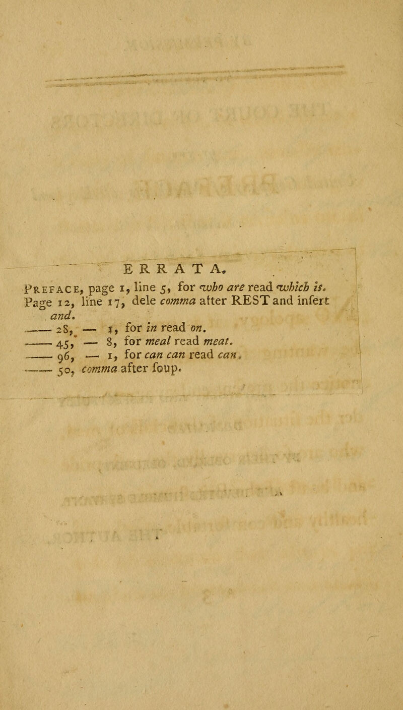 ERRATA. Preface, page i, line 5, for <who are read nuhich Is. Pao-e 12, line 17, dele comma atter REST and infert and. 28, — I, for In read on. 45,' — 8, for meal read meat. .,—_ g6^ — I, for can can read can^ .-__ ^o, comma after foup.