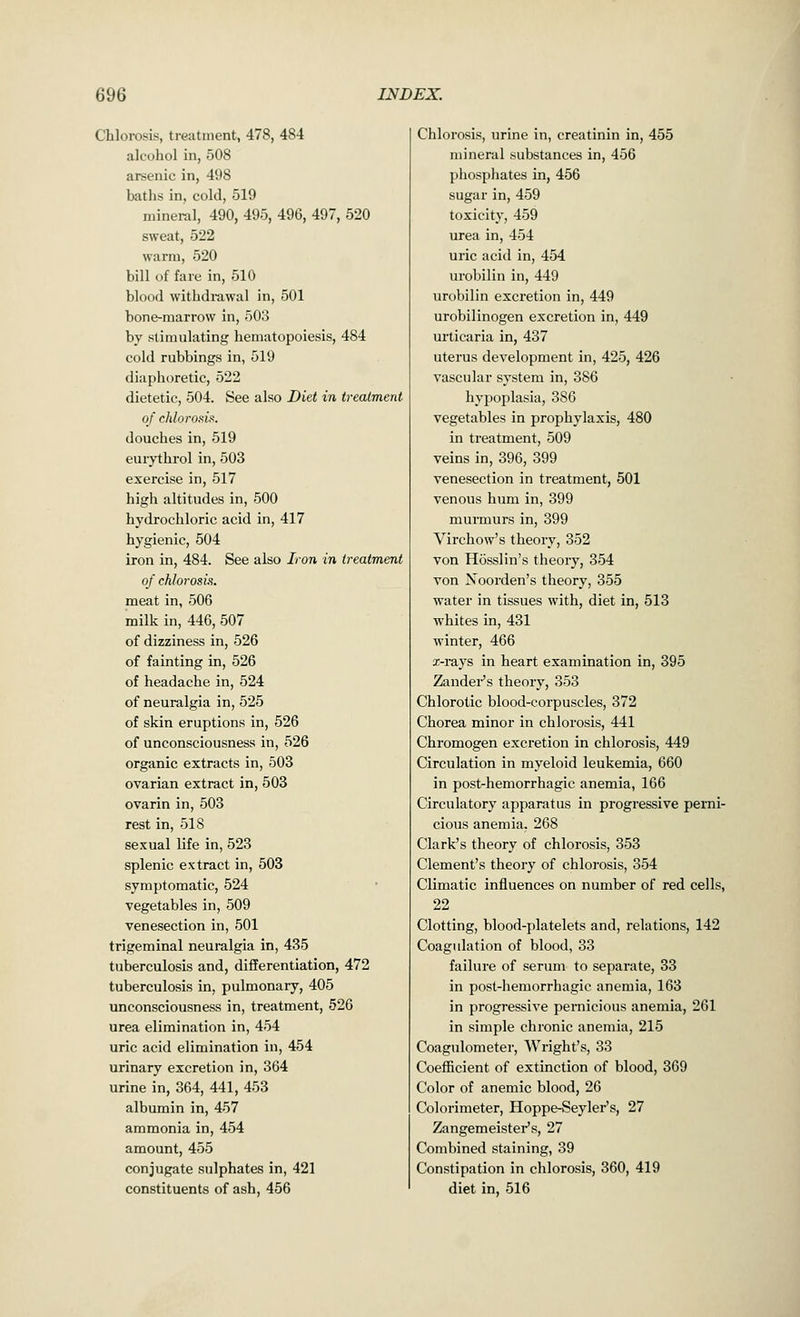 Chlorosis, treatment, 478, 484 alcohol in, 508 arsenic in, 498 baths in, cold, 519 mineral, 490, 495, 496, 497, 520 sweat, 522 warm, 520 bill of fare in, 510 blood withdrawal in, 501 bone-marrow in, 503 by stimulating hematopoiesis, 484 cold rubbings in, 519 diaphoretic, 522 dietetic, 504. See also Diet in treatment of chlorosis. douches in, 519 eurythrol in, 503 exercise in, 517 high altitudes in, 500 hydrochloric acid in, 417 hygienic, 504 iron in, 484. See also Iron in treatment of chlorosis. meat in, 506 milk in, 446, 507 of dizziness in, 526 of fainting in, 526 of headache in, 524 of neuralgia in, 525 of skin eruptions in, 526 of unconsciousness in, 526 organic extracts in, 503 ovarian extract in, 503 ovarin in, 503 rest in, 518 sexual life in, 523 splenic extract in, 503 symptomatic, 524 vegetables in, 509 venesection in, 501 trigeminal neuralgia in, 435 tuberculosis and, differentiation, 472 tuberculosis in, pulmonary, 405 unconsciousness in, treatment, 526 urea elimination in, 454 uric acid elimination in, 454 urinary excretion in, 364 urine in, 364, 441, 453 albumin in, 457 ammonia in, 454 amount, 455 conjugate sulphates in, 421 constituents of ash, 456 Chlorosis, urine in, creatinin in, 455 mineral substances in, 456 phosphates in, 456 sugar in, 459 toxicity, 459 urea in, 454 uric acid in, 454 urobilin in, 449 urobilin excretion in, 449 urobilinogen excretion in, 449 urticaria in, 437 uterus development in, 425, 426 vascular system in, 386 hypoplasia, 386 vegetables in prophylaxis, 480 in treatment, 509 veins in, 396, 399 venesection in treatment, 501 venous hum in, 399 murmurs in, 399 Virchow's theory, 352 von Hosslin's theory, 354 von Noorden's theory, 355 water in tissues with, diet in, 513 whites in, 431 winter, 466 z-rays in heart examination in, 395 Zander's theory, 353 Chlorotic blood-corpuscles, 372 Chorea minor in chlorosis, 441 Chromogen excretion in chlorosis, 449 Circulation in myeloid leukemia, 660 in post-hemorrhagic anemia, 166 Circulatory apparatus in progressive perni- cious anemia. 268 Clark's theory of chlorosis, 353 Clement's theory of chlorosis, 354 Climatic influences on number of red cells, 22 Clotting, blood-platelets and, relations, 142 Coagulation of blood, 33 failure of serum to separate, 33 in post-hemorrhagic anemia, 163 in progressive pernicious anemia, 261 in simple chronic anemia, 215 Coagulometer, Wright's, 33 Coefficient of extinction of blood, 369 Color of anemic blood, 26 Colorimeter, Hoppe-Seyler's, 27 Zangemeister's, 27 Combined staining, 39 Constipation in chlorosis, 360, 419 diet in, 516