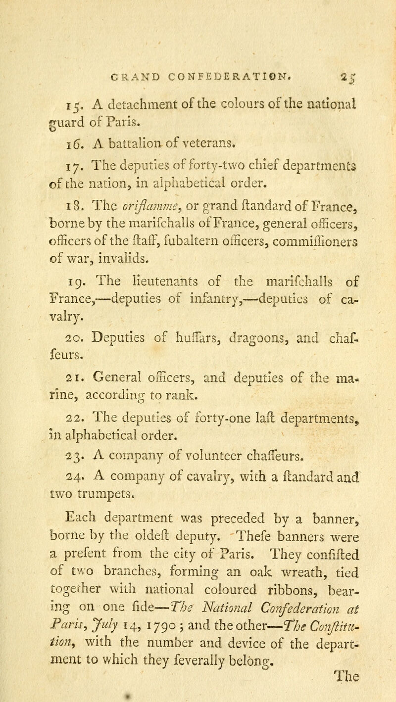 j 15. A detachment of the colours of the national guard of Paris. 16. A battalion of veterans. 17. The deputies of forty-two chief departments of the nation, in alphabetical order. 18. The orifiamme, or grand flandard of France, borne by the marifchalls of France, general officers, officers of the flafF, fubaitern officers, commiffioners of war, invalids. 19. The lieutenants of the marifchalls of France,-—deputies of infantry,—deputies of ca- \ralry. 20. Deputies of huifars, dragoons, and chaf- feurs. 21. General officers, and deputies of the ma- rine, according to rank. 22. The deputies of forty-one laft departments, in alphabetical order. 23. A company of volunteer chafTeurs. 24. A company of cavalry, with a flandard and two trumpets. Each department was preceded by a banner, borne by the oldeft deputy. Thefe banners were a prefent from the city of Paris. They confifted of two branches, forming an oak wreath, tied together with national coloured ribbons, bear- ing on one fide—The National Confederation at Paris, July 14, 1790 5 and the other—The Conftitu- tion9 with the number and device of the depart- ment to which they feveraliy belong. The