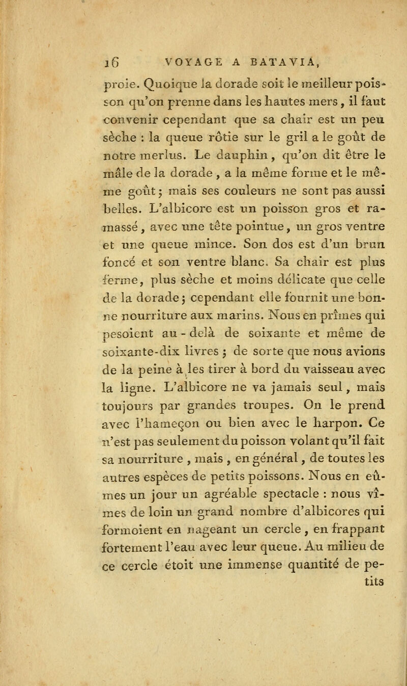 proie. Quoique la dorade soit le meilleur pois* son qu'on prenne dans les hautes mers, il faut convenir cependant que sa chair est un peu sèche : la queue rôtie sur le gril a le goût de notre merlus. Le dauphin, qu'on dit être le mâle de la dorade , a la même forme et le mê- me goût 'y mais ses couleurs ne sont pas aussi belles. L'albicore est un poisson gros et ra- massé , avec une tête pointue, un gros ventre et une queue mince. Son dos est d'un brun fonce et son ventre blanc. Sa chair est plus ferme, plus sèche et moins délicate que celle de la dorade 5 cependant elle fournit une bon- ne nourriture aux marins. Nous en prîmes qui pesoient au - delà de soixante et même de soixante-dix livres 5 de sorte que nous avions de la peine à,les tirer à bord du vaisseau avec la ligne. L'albicore ne va jamais seul, mais toujours par grandes troupes. On le prend avec l'hameçon ou bien avec le harpon. Ce n'est pas seulement du poisson volant qu'il fait sa nourriture , mais , en général, de toutes les autres espèces de petits poissons. Nous en eû- mes un jour un agréable spectacle : nous vî- mes de loin un grand nombre d'albicores qui formoient en nageant un cercle, en frappant fortement l'eau avec leur queue. Au milieu de ce cercle étoit une immense quantité de pe- tits