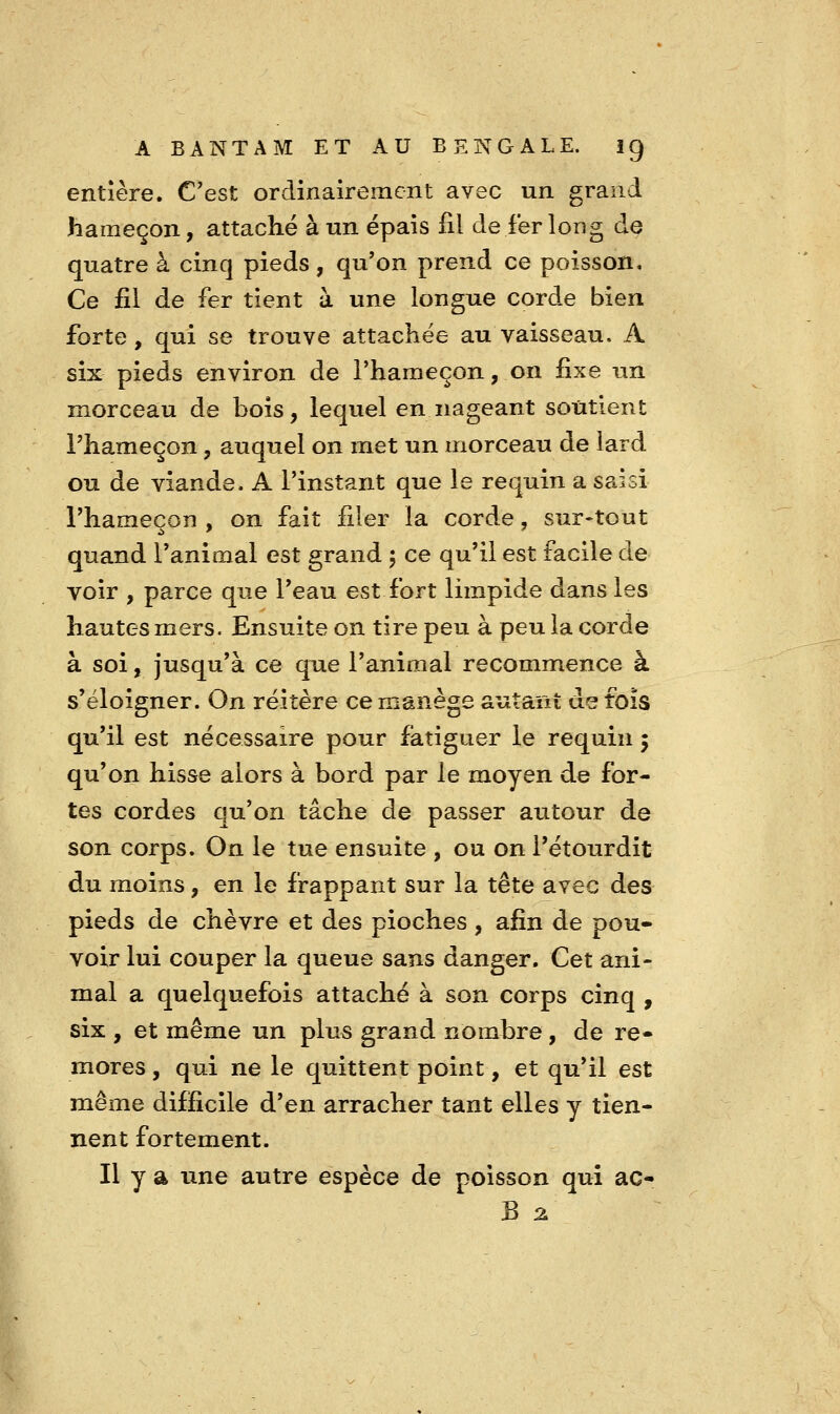 entière. C'est ordinairement avec un grand hameçon, attaché à un épais fil de fer long de quatre à cinq pieds, qu'on prend ce poisson. Ce fil de fer tient à une longue corde bien forte, qui se trouve attachée au vaisseau. A six pieds environ de Phameçon, on fixe un morceau de bois, lequel en nageant soutient l'hameçon, auquel on met un morceau de lard ou de viande. A l'instant que le requin a saisi l'hameçon , on fait filer la corde, sur-tout quand l'animal est grand 5 ce qu'il est facile de voir , parce que l'eau est fort limpide dans les hautes mers. Ensuite on tire peu à peu la corde à soi, jusqu'à ce que l'animal recommence à s'éloigner. On réitère ce manège autant de fois qu'il est nécessaire pour fatiguer le requin 5 qu'on hisse alors à bord par le moyen de for- tes cordes qu'on tâche de passer autour de son corps. On le tue ensuite , ou on l'étourdit du moins, en le frappant sur la tête avec des pieds de chèvre et des pioches, afin de pou- voir lui couper la queue sans danger. Cet ani- mal a quelquefois attaché à son corps cinq , six , et même un plus grand nombre , de re- mores , qui ne le quittent point, et qu'il est même difficile d'en arracher tant elles y tien- nent fortement. Il y a une autre espèce de poisson qui ac- B 2