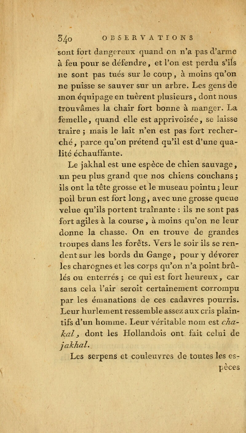 sont fort dangereux quand on n'a pas d'arme à feu pour se défendre, et l'on est perdu s'ils ne sont pas tués sur le coup, à moins qu'on ne puisse se sauver sur un arbre. Les gens de mon équipage en tuèrent plusieurs, dont nous trouvâmes la chair fort bonne à manger. La femelle, quand elle est apprivoisée, se laisse traire ; mais le lait n'en est pas fort reclier- clié, parce qu'on prétend qu'il est d'une qua- lité échauffante. Le jakhal est une espèce de chien sauvage, lin peu plus grand que nos chiens couchans ; ils ont la tête grosse et le museau pointu j leur poil brun est fort long, avec une grosse queue velue qu'ils portent traînante : ils ne sont pas fort agiles à la course, à moins qu'on ne leur donne la chasse. On en trouve de grandes troupes dans les forêts. Vers le soir ils se ren- dent sur les bords du Gange, pour y dévorer les charognes et les corps qu'on n'a point brû- lés ou enterrés 3 ce qui est fort heureux, car sans cela l'air seroit certainement corrompu par les émanations de ces cadavres pourris. Leur hurlement ressemble assez aux cris plain- tifs d'un homme. Leur véritable nom est cha- kal ^ dont les Hollandois ont. fait celui de jakhal. Les serpens et couleuvres de toutes les es- pèces