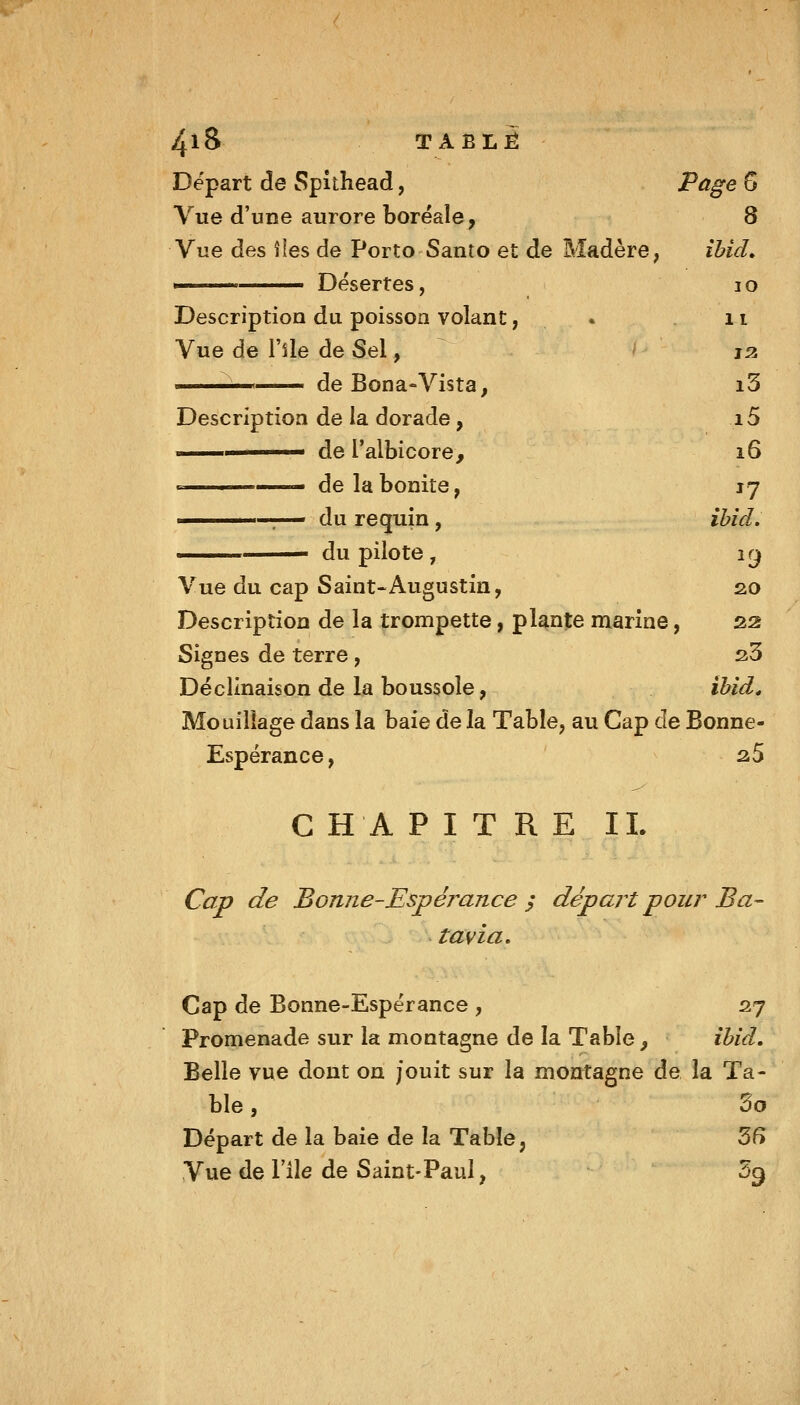 Départ de Spîthead, Page 6 Vue d'une aurore boréale, 8 Vue des îles de Porto Santo et de Madère, îbid, > Désertes, lo Description du poisson volant, • 11 Vue de l'sle de Sel, jz ^ de Bona-Vista, i3 Description de la dorade, i5 ' de l'albicore, 16 ■ de la bonite, 17 ' du requin , ibid. ——— du pilote , i(j Vue du cap Saint-Augustin, 20 Description de la trompette, plante marine, 22 Signes de terre , s3 Déclinaison de la boussole, ihid^ Mouillage dans la baie de la Table, au Cap de Bonne- Espérance , a5 CHAPITRE IL Cap de Bonne-Espéj^ance ^ départ pour Ba- tavia, Cap de Bonne-Espérance , 27 Promenade sur la montagne de la Table, ihid. Belle vue dont on jouit sur la montagne de la Ta- ble , 5o Départ de la baie de la Table, 36 Vue de File de Saint-Paul, Sg