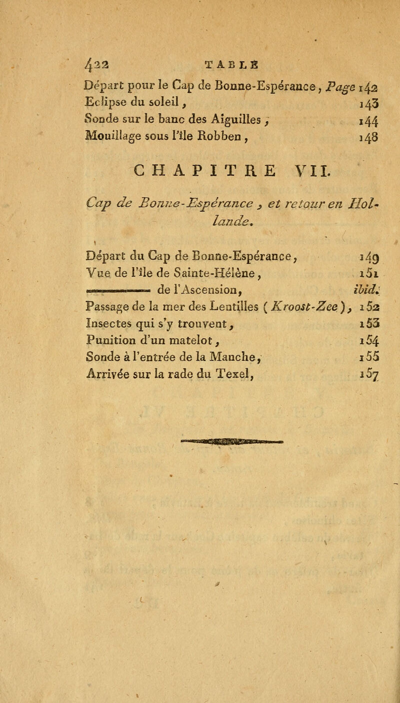 Dëpar£ pour le Cap de Bonne-Espérance, P^z^a ï42 Eclipse du soleil , 343 Sonde sur le banc des Aiguilles ^ 144 Mouillage sous llle Robben , 148 CHAPITRE VIL Cap de Bonne-Espérance ^ et retour en Hol lande. Départ du Gap de Bonne-Espérance, 149 Vue de File de Sainte-Hélène, i5i I I de l'Ascension, ïbidi Passade de la mer des Leatilles ( Kroost-Zee ), 15a Insectes qui s'y trouvent, i53 Punition d'un matelot, i54 Sonde à l'entrée de la Manche, 155 Arrivée sur la rade du Texel, i5j