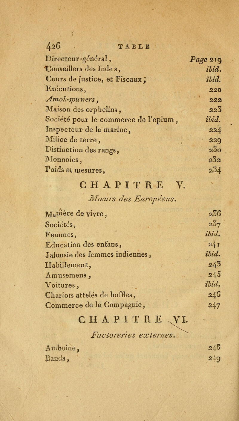 Directeur-général, Page 219 IConseillers des Inde s, ihîd. Cours de justice, et Fiscaux J ihid. Exécutions, 220 Amok'Spuwers y 222 Maison des orphelins , 223 Société pour le commerce de Fopium, ihîd. Inspecteur de la marine, 224 Milice de terre, ^ ■ 239 Distinction des rangs, 23o Monnoies, aSa Poids et mesures, s34 CHAPITRE V. JSÏœurs. des Européens, j^aïii^re de vivre, 236 Sociétés, , 237 Femmes, ïbîd^ Education des enfans, 241 Jalousie des femmes indiennes^ ïbid» Habillement, 343 Amusemens, 24^5 Voitures, ^ ïbid. Chariots attelés de buffles, 246 Commerce de la Compagnie, 247 CHAPITRE Factoreries externes, Amboine, 248 Banda, 249