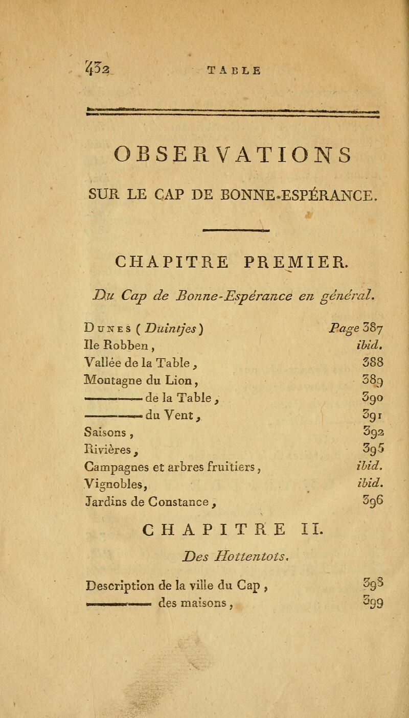 4^3 TABLE OBSEPlVATIONS sur le cap de bonne-espérance, CHAPITRE PREMIER. T)ji Cap de Bonne-Espérance en général. Dunes ( Diiintjes ) Page 387 Ile Robben, ibid. Vallée de la Table , 388 Montagne du Lion, 589 . de la Table , 390 — du Yent y Sgr Saisons, 393 Rivières , 39.5 Campagnes et arbres fruitiers, ihid. Vignobles, ibid. Jardins de Constance , 596 CHAPITRE II. JDes Hottentots, Description de la ville du Cap , ^9^ .1' des maisons, ^'99