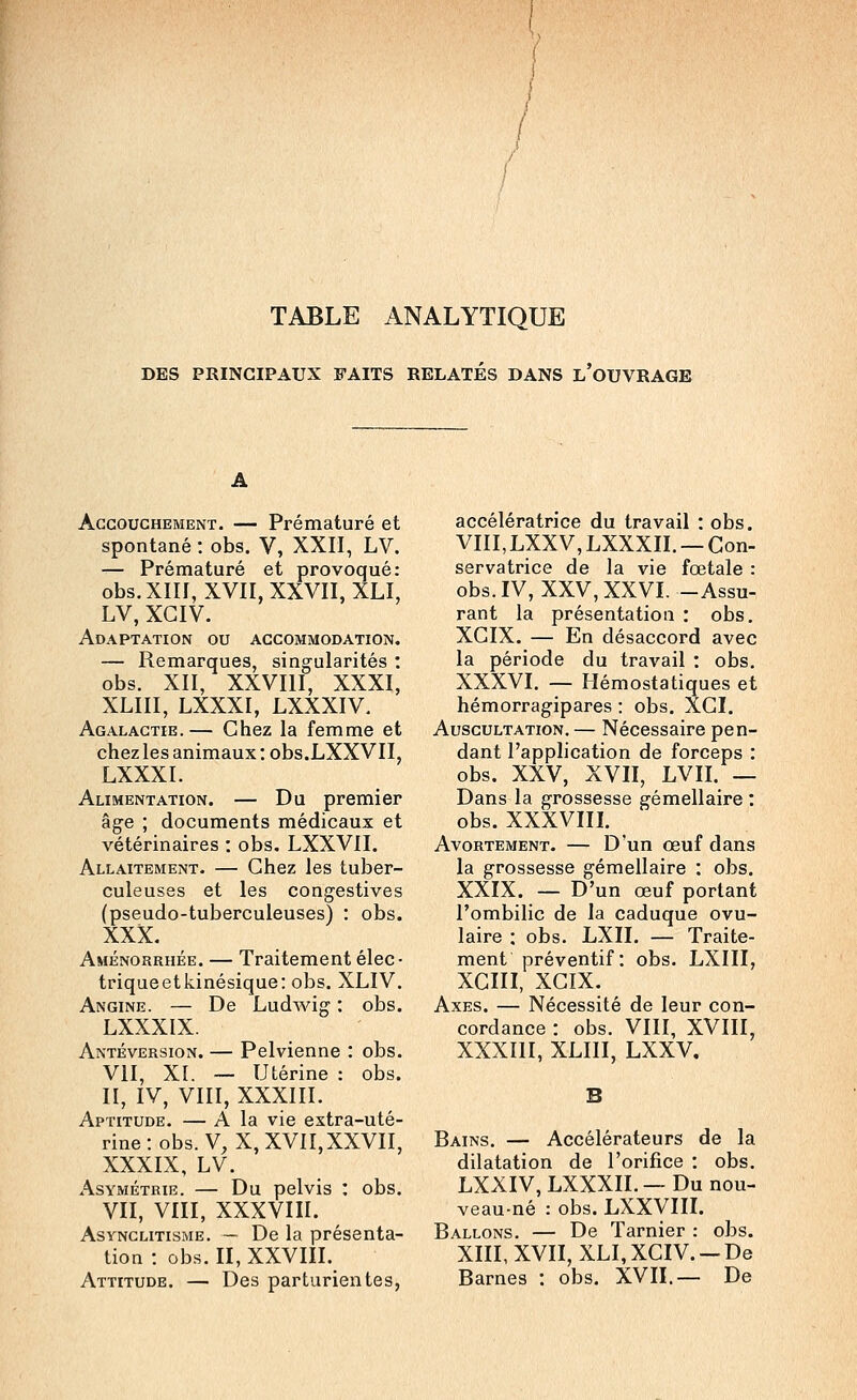 TABLE ANALYTIQUE DES PRINCIPAUX FAITS RELATES DANS L OUVRAGE Accouchement. — Prématuré et spontané : obs. V, XXII, LV. — Prématuré et provoqué: obs. XIII, XVII, XXVII, XLI, LV, XGIV. Adaptation ou accommodation. — Remarques, singularités : obs. XII, XXVIII, XXXI, XLIII, LXXXI, LXXXIV. Agalactie.— Chez la femme et chez les animaux : obs.LXXVII, LXXXI. Alimentation. — Du premier âge ; documents médicaux et vétérinaires : obs. LXXVII. Allaitement. — Chez les tuber- culeuses et les congestives (pseudo-tuberculeuses) : obs. XXX. Aménorrhée. — Traitement élec- triqueetkinésique: obs. XLIV. Angine. — De Ludwig : obs. LXXXIX. Antéversion. — Pelvienne : obs. VII, XI. — Utérine : obs. II, IV, VIII, XXXIII. Aptitude. — A la vie extra-uté- rine : obs. V, X, XVII, XXVII, XXXIX, LV. Asymétrie. — Du pelvis : obs. VII, VIII, XXXVIII. Asynclitisme. — De la présenta- tion : obs. II, XXVIII. Attitude. — Des parturientes, accélératrice du travail : obs. VIII, LXXV, LXXXII. — Con- servatrice de la vie fœtale : obs. IV, XXV, XXVI. -Assu- rant la présentation : obs. XGIX. — En désaccord avec la période du travail : obs. XXXVI. — Hémostatiques et hémorragipares : obs. XGI. Auscultation, — Nécessaire pen- dant l'application de forceps : obs. XXV, XVII, LVII. — Dans la grossesse gémellaire : obs. XXXVIIL Avortement. — D'un œuf dans la grossesse gémellaire : obs. XXIX. — D'un œuf portant l'ombilic de la caduque ovu- laire : obs. LXII. — Traite- ment préventif: obs. LXIII, XCIII, XCIX. Axes. — Nécessité de leur con- cordance : obs. VIII, XVIII, XXXIII, XLIII, LXXV. Bains. — Accélérateurs de la dilatation de l'orifice : obs. LXXIV, LXXXII.— Du nou- veau-né : obs. LXXVIII. Ballons. — De Tarnier : obs. XIII, XVII, XLI,XCIV. —De Barnes : obs. XVII.— De