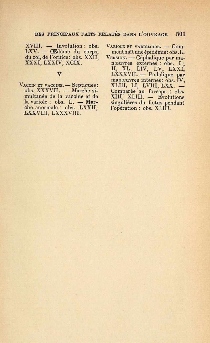 XVIII. — lavolution : obs. LXV. — Œdème du corps, du col,de l'orifice: obs. XXII XXXI, LXXIV, XGIX. Vaccin et vaccine.— Septiques: obs. XXXVII. — Marche si- multanée de la vaccine et de la variole : obs, L. — Mar- che anormale : obs. LXXII, LXXVIII, LXXXVIII. Variole et variojloïde. — Gom- mentnaît une épidémie: obs.L. Version. — Géphalique par ma- nœuvres externes : obs. I ; H, XL, LIV, LV, LXXI, LXXXVII. — Podalique par manœuvres internes: obs. IV, XLIII, LI, LVIII, LXX. — Gomparée au forceps : obs. XIII, XLIII. — Evolutions singulières du fœtus pendant l'opération : obs. XLIII.