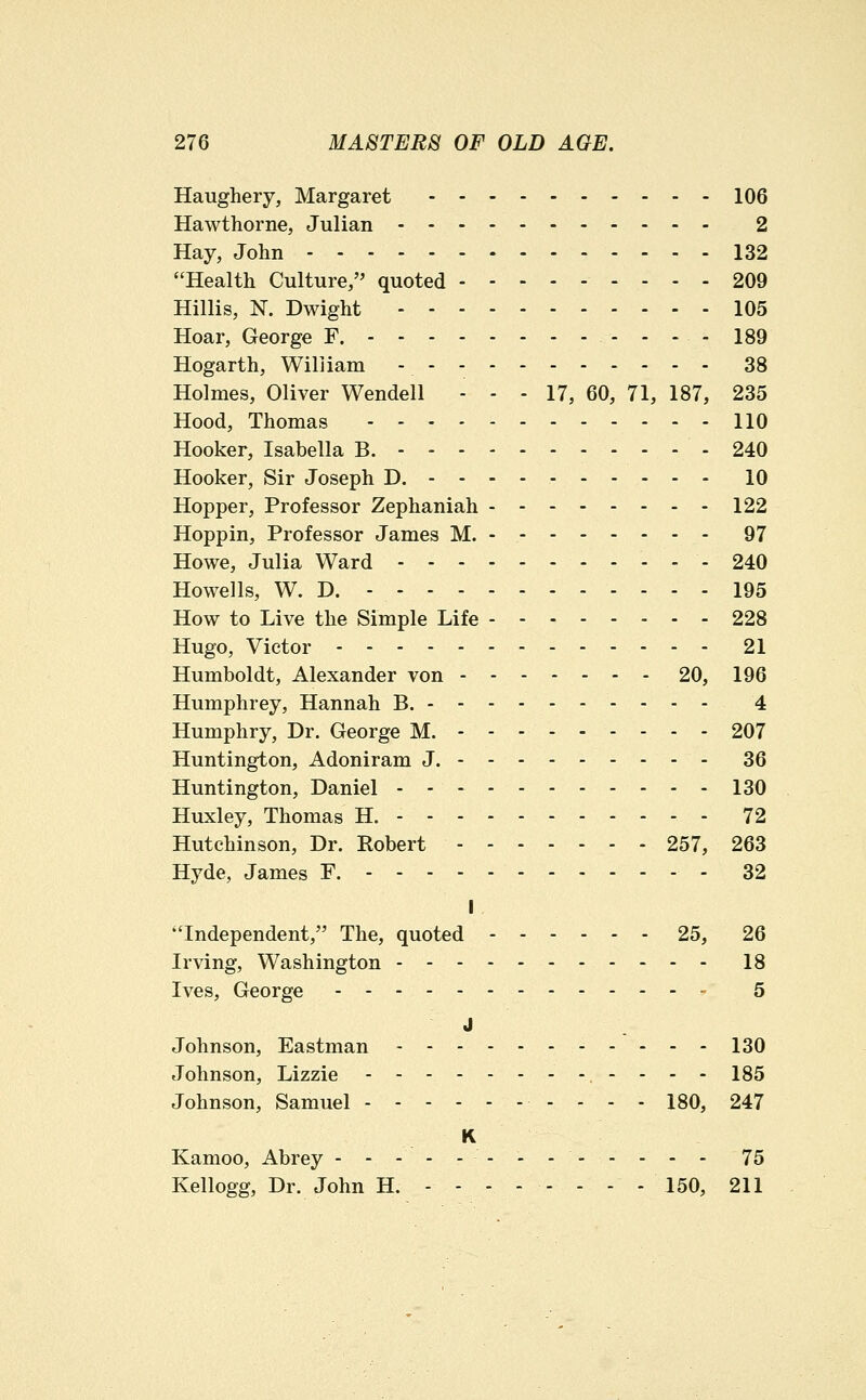 Haughery, Margaret 106 Hawthorne, Julian 2 Hay, John 132 Health Culture, quoted - - - - 209 Hillis, N. Dwight 105 Hoar, George F. - - - - 189 Hogarth, Wiliiam - 38 Holmes, Oliver Wendell - - - 17, 60, 71, 187, 235 Hood, Thomas - - 110 Hooker, Isabella B. 240 Hooker, Sir Joseph D. ----- 10 Hopper, Professor Zephaniah 122 Hoppin, Professor James M. - 97 Howe, Julia Ward 240 Howells, W. D. 195 How to Live the Simple Life 228 Hugo, Victor 21 Humboldt, Alexander von 20, 196 Humphrey, Hannah B. 4 Humphry, Dr. George M. 207 Huntington, Adoniram J. 36 Huntington, Daniel 130 Huxley, Thomas H. 72 Hutchinson, Dr. Robert 257, 263 Hyde, James F. 32 Independent, The, quoted 25, 26 Irving, Washington 18 Ives, George - 5 J Johnson, Eastman -----130 Johnson, Lizzie -------.-.-- 185 Johnson, Samuel - - - - 180, 247 Kamoo, Abrey - - - - - - - - - - - - - 75 Kellogg, Dr. John H. - - - - - - - - 150, 211