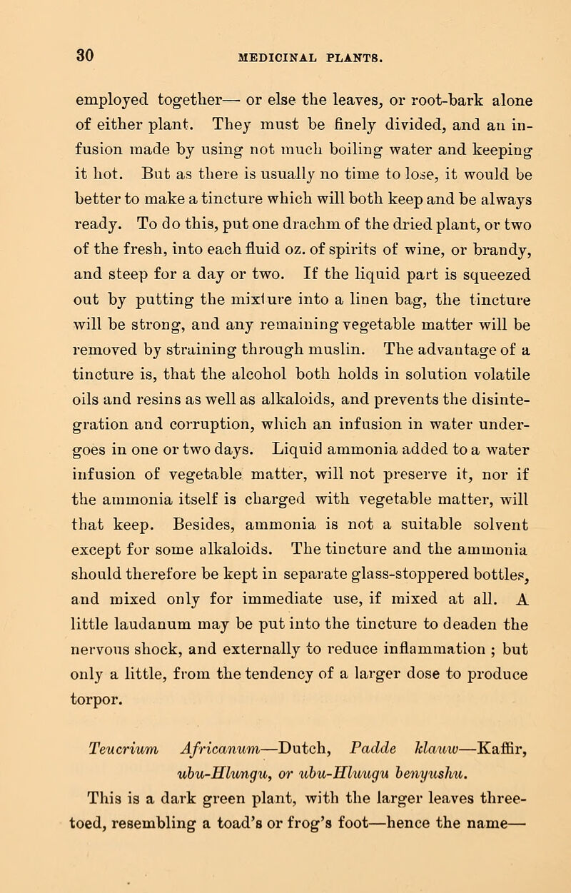 employed together— or else the leaves, or root-bark alone of either plant. They must be finely divided, and an in- fusion made by using not much boiling water and keeping it hot. But as there is usually no time to lose, it would be better to make a tincture which will both keep and be always ready. To do this, put one drachm of the dried plant, or two of the fresh, into each fluid oz. of spirits of wine, or brandy, and steep for a day or two. If the liquid part is squeezed out by putting the mixture into a linen bag, the tincture will be strong, and any remaining vegetable matter will be removed by straining through muslin. The advantage of a tincture is, that the alcohol both holds in solution volatile oils and resins as well as alkaloids, and prevents the disinte- gration and corruption, which an infusion in water under- goes in one or two days. Liquid ammonia added to a water infusion of vegetable matter, will not preserve it, nor if the ammonia itself is charged with vegetable matter, will that keep. Besides, ammonia is not a suitable solvent except for some alkaloids. The tincture and the ammonia should therefore be kept in separate glass-stoppered bottles, and mixed only for immediate use, if mixed at all. A little laudanum may be put into the tincture to deaden the nervous shock, and externally to reduce inflammation ; but only a little, from the tendency of a larger dose to produce torpor. Teucrium Africanum—Dutch, Padde Mauiv—Kaffir, ubu-Hlungu, or ubu-Hluugu benyushu. This is a dark green plant, with the larger leaves three- toed, resembling a toad's or frog's foot—hence the name—