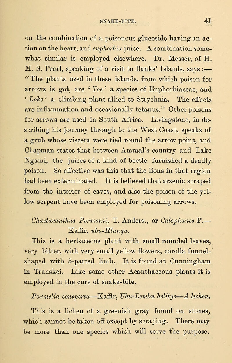 on the combination of a poisonous glucoside having an ac- tion on the hearty and euphorbia j uice. A combination some- what similar is employed elsewhere. Dr. Messer, of H. M. S. Pearl, speaking of a visit to Banks' Islands, says :—  The plants used in these islands, from which poison for arrows is got, are ' Toe' a species of Euphorbiaceae, and ( LoJce ' a climbing plant allied to Strychnia. The effects are inflammation and occasionally tetanus. Other poisons for arrows are used in South Africa. Livingstone, in de- scribing his journey through to the West Coast, speaks of a grub whose viscera were tied round the arrow point, and Chapman states that between Amraal's country and Lake Ngaroi, the juices of a kind of beetle furnished a deadly poison. So effective was this that the lions in that region had been exterminated. It is believed that arsenic scraped from the interior of caves, and also the poison of the yel- low serpent have been employed for poisoning arrows. Chaetacanthus Persoonii, T. Anders., or Calophanes P.— Kaffir, ubu-Hlungu. This is a herbaceous plant with small rounded leaves, very bitter, with very small yellow flowers, corolla funnel- shaped with 5-parted limb. It is found at Cunningham in Transkei. Like some other Acanthaceous plants it is employed in the cure of snake-bite. Parmelia conspersa—Kaffir, Ubu-Lembu belitye—A lichen. This is a lichen of a greenish gray found on stones, which cannot be taken off except by scraping. There may be more than one species which will serve the purpose.