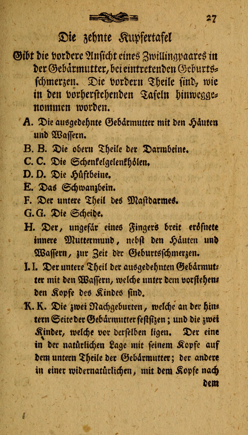 2t 55ie jefente ^upfertafel ®iW i)te fcort)cre 2lttftc5t etne^ Sw^tHiitöpaarei in in ®tUtmnttn, Ui etntreteniett ©c^urtöi* in bell öor&erfte^enkn tafeln liiniDesäSs? nommen workn* A. I)te auögete^nte @e6drmiittcc mit i)en ^ÄMtcti Uttt) 2Caj]ecn» B. B. 3)ie o6eru Zf^dk ha ^armteine, C. C. S)tc ©c^enfelgclenf^eien» D.D. S)te ^öftbelnc. F. S)cc mtm ^[)etl beö SKajlbarmc^« G.G. I)le @c^dt)e* H. 5Det, ungefdr etneö ginget« 6rcit crÄfnete innere SKuttermunb, nebfl ten Jpduten xmi SCBaflfern, jur 3^it t)ec ©ebuttöfc^mer^en. 1.1. 5Der untere ?^etf bcc öuögebe^nten ©ebdcmut? ter mit ben SBafiern, tt?e(c^e unter tan üorflel^en^ ^en Äopfe teö ^Sinbeö ftnb^ K. K. 5E)ie jwei Spätgeburten, welche an ter f)im tern@eitet)cr®ebdrmutferfe(lftjen; unb W jwel Eintet/ ttjeld^e t>cr berfelben (igen* jBer eine in ter natur!i($en fiage mit feinem Äopfe auf tem untern ?^cile ber ©ebdrmutter; ber anbete in einet tvibetnaturUd^en^ mit bem Äopfe nac^
