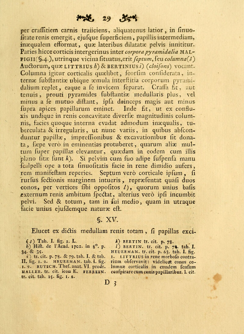 per craflitiem carnis traiiciens, aliquatenus latior, in finuo- fitaterenis emergit, ejufque fuperficiem, papillisintermediam, inaequalem eiformat, quse lateribus dilatatae pelvis innititur. Paries hiccecorticisintergerinus inter corporapyramidalia MAL- PiGIi(§.4.)'^trinque vicina fituatus,eritye/7//////, feu coliimnafj^ Audlorum, quie LiTTRiusA)&BERTiNiusz) {cloifons) vocant. Columna igitur corticalis quxlibet, fcorfini confiderata, in- ternse fubftanti?e ubique semula interftitia corporum pyrami- dalium replet, eaque a fc invicem feparat. Cralfa fit, aut tenuis, prouti pyramides fubftanti'je medullaris plus, vel minus a fe mutuo diftant, ipfa dainceps magis aut minus fupra apices papiilarum eminet. Inde fit, ut ex conflu- xis undique in renis concavitate diverfae magnitudinis colum- nis, facies quoque interna evxidat admodum inaequalis, tu- berculata & irregularis, ut nunc variis, in quibus abfcon- duntur papill?e, impreilionibus & excavationibus fit dona- ta, fjepe vero in eminentias protuberet, quarum aliae mul- tum fuper papillas elevantur, qusedam in eodem cum illis plano (iti^ funt /:). Si pelvim cum fuo adipe fufpenfa manu fcalpelli ope a tota finuofitatis facie in rene dimidio aufers, rem manifeflam reperies. Septum vero corticale ipfum, fi rurfus fedionis marginem intueris, repraefentat quafi duos conos, per vertices fibi oppofitos /), quorum unius bafis cxternura renis ambitum fpedat, alterius vero ipfi incumbit pelvi. Sed & totum, tam in fui medio, quam in utraque facie unius ejufdemque naturae efl. §. XV. Elucet ex didis medullami renis totam, fi papillas exci- (J^) Tab. I. fig. I. L. A) BERTIN tr. cit. p. 78- fc) Hift. de TAcad. 1702. in 8**. p. /) bertin. tr. cit. p. 7». tab. I. 34. & 3?- - HEUERMAN, tr. cit. p. 63. tab. L fig. i) tr. cit. p. 78. & 79- tab. I. & tab. i. littrius in rene moTbofo contra- IL fig. I.-2. HEUESMAN. tab. 1. fig. rium obfervavit: videlicct conos co- .1.2. RUYSCH. Thef. anat. VI. prodr. liimns corticalis in enndem fenfum HALLER.tr. cit. icon E. ierrein. confpirarecumconispapillaribus. 1. cit. tr. cit. tab. 15. fig. i. s. ., D j