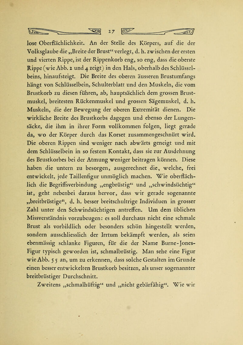 lose Oberflächlichkeit. An der Stelle des Körpers, auf die der Volksglaube die „Breite der Brust verlegt, d. h. zwischen der ersten und vierten Rippe, ist der Rippenkorb eng, so eng, dass die oberste Rippe (wie Abb. 2 und 4 zeigt) in den Hals, oberhalb des Schlüssel- beins, hinaufsteigt. Die Breite des oberen äusseren Brustumfangs hängt von Schlüsselbein, Schulterblatt und den Muskeln, die vom Brustkorb zu diesen führen, ab, hauptsächlich dem grossen Brust- muskel, breitesten Rückenmuskel und grossen Sägemuskel, d. h. Muskeln, die der Bewegung der oberen Extremität dienen. Die wirkliche Breite des Brustkorbs dagegen und ebenso der Lungen- säcke, die ihm in ihrer Form vollkommen folgen, liegt gerade da, wo der Körper durch das Korset zusammengeschnürt wird. Die oberen Rippen sind weniger nach abwärts geneigt und mit dem Schlüsselbein in so festem Kontakt, dass sie zur Ausdehnung des Brustkorbes bei der Atmung weniger beitragen können. Diese haben die untern zu besorgen, ausgerechnet die, welche, frei entwickelt, jede Taillenfigur unmöglich machen. Wie oberfläch- lich die Begriff'sverbindung „engbrüstig und „schwindsüchtig ist, geht nebenbei daraus hervor, dass wir gerade sogenannte „breitbrüstige^', d. h. besser breitschultrige Individuen in grosser Zahl unter den Schwindsüchtigen antreflPen. Um dem üblichen Missverständnis vorzubeugen: es soll durchaus nicht eine schmale Brust als vorbildlich oder besonders schön hingestellt werden, sondern ausschliesslich der Irrtum bekämpft werden, als seien ebenmässig schlanke Figuren, für die der Name Burne-Jones- Figur typisch geworden ist, schmalbrüstig. Man sehe eine Figur wie Abb. 55 an, um zu erkennen, dass solche Gestalten im Grunde einen besser entwickelten Brustkorb besitzen, als unser sogenannter breitbrüstiger Durchschnitt. Zweitens „schmalhüftig und „nicht gebärfähig. Wie wir