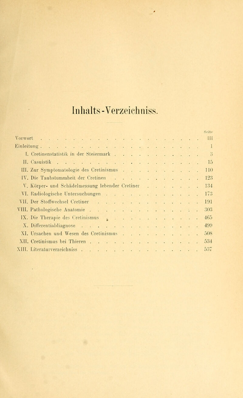 Inhalts - Verzeichniss. Spitp Vorwort II [ Einleitung- 1 I. Cretinenstatistilc in der Steiermark o II. Casuistik 15 III. Zur Symptomatologie des Cretinismus  . 110 IV. Die Taubstummheit der Cretinen 123 V. Körper- und Schädelmessung lebender Cretiner 134 VI. Radiologische Untersuchungen 173 Vl[. Der Stoffwechsel Cretiner 191 VIII. Pathologische Anatomie ; . 303 IX. Die Therapie des Cretinismus ^ . . . ■ 465 X. Differentialdiagnose 499 XI. Ursachen und Wesen des Cretinismus 508 XII. Cretinismus bei Thieren 534 XIII. Literaturverzeichniss 537