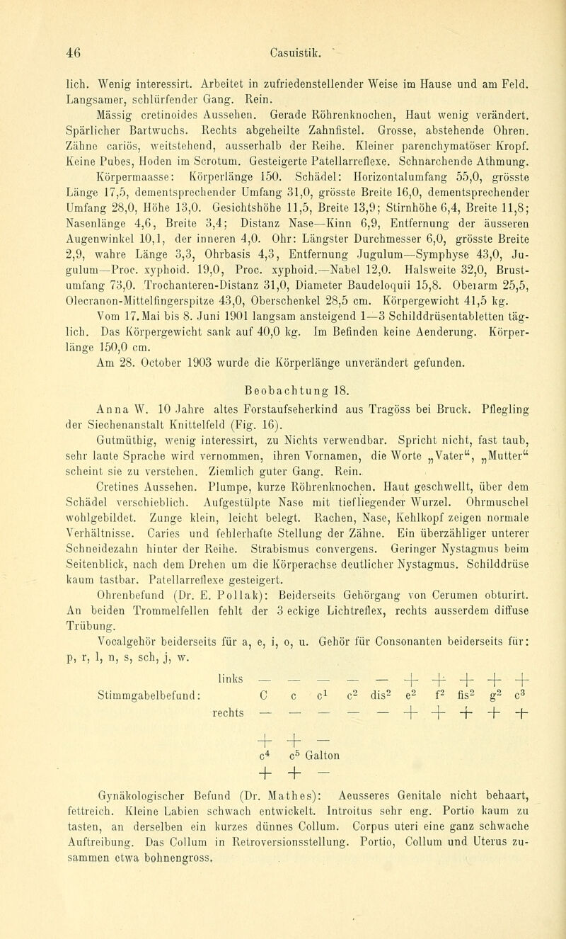 lieh. Wenig interessirt. Arbeitet in zufriedenstellender Weise im Hause und am Feld. Langsamer, schlürfender Gang. Rein. Massig cretinoides Aussehen. Gerade Röhrenlvnochen, Haut wenig verändert. Spärlicher Bartwuchs. Rechts abgeheilte Zahnfistel. Grosse, abstehende Ohren. Zähne cariös, weitstehend, ausserhalb der Reihe. Kleiner parenchymatöser Kropf. Keine Pubes, Hoden im Scrotum. Gesteigerte Patellarreflexe. Schnarchende Athmung. Körpermaasse: Körperlänge 150. Schädel: Horizontalumfang 55,0, grösste Länge 17,5, dementsprechender Umfang 31,0, grösste Breite 16,0, dementsprechender Umfang 28,0, Höhe 13,0. Gesichtshöhe 11,5, Breite 13,9; Stirnhöhe 6,4, Breite 11,8; Nasenlänge 4,6, Breite 3,4; Distanz Nase—Kinn 6,9, Entfernung der äusseren Augenwinkel 10,1, der inneren 4,0. Ohr: Längster Durchmesser 6,0, grösste Breite 2,9, wahre Länge 3,3, Ohrbasis 4,3, Entfernung Jugulum—Symphyse 43,0, Ju- gulum—Proc. xyphoid. 19,0, Proc. xyphoid.—Nabel 12,0. Halsweite 32,0, Brust- umfang 73,0. Trochanteren-Distanz 31,0, Diameter Baudeloquii 15,8. Oberarm 25,5, Olecranon-Mittelfingerspitze 43,0, Oberschenkel 28,5 cm. Körpergewicht 41,5 kg. Vom 17. Mai bis 8. Juni 1901 langsam ansteigend 1—3 Schilddrüsentabletten täg- lich. Das Körpergewicht sank auf 40,0 kg. Im Befinden keine Aenderung. Körper- länge 150,0 cm. Am 28. October 1903 wurde die Körperlänge unverändert gefunden. Beobachtung 18. Anna W. 10 Jahre altes Forstaufseherkind aus Tragöss bei Brück. Pflegling der Siechenanstalt Knittelfeld (Fig. 16). Gutmüthig, wenig interessirt, zu Nichts verwendbar. Spricht nicht, fast taub, sehr laute Sprache wird vernommen, ihren Vornamen, die Worte „Vater, „Mutter scheint sie zu verstehen. Ziemlich guter Gang. Rein. Cretines Aussehen. Plumpe, kurze Röhrenknochen. Haut geschwellt, über dem Schädel verschieblich. Aufgestülpte Nase mit tiefliegender Wurzel. Ohrmuschel wohlgebildet. Zunge klein, leicht belegt. Rachen, Nase, Kehlkopf zeigen normale Verhältnisse. Caries und fehlerhafte Stellung der Zähne. Ein überzähliger unterer Schneidezahn hinter der Reihe. Strabismus convergens. Geringer Nystagmus beim Seitenblick, nach dem Drehen um die Körperachse deutlicher Nystagmus. Schilddrüse kaum tastbar. Patellarreflexe gesteigert. Ohrenbefund (Dr. E. Pollak): Beiderseits Gehörgang von Cerumen obturirt. An beiden Trommelfellen fehlt der 3 eckige Lichtreflex, rechts ausserdem diffuse Trübung. Vocalgehör beiderseits für a, e, i, o, u. Gehör für Consonanten beiderseits für: p, r, 1, n, s, seh, j, w. links ___ __-|-^_|-_|--^ Stimmgabelbefund: C e c^ C dis- e- f^ fis^ g2 c^ rechts ■— — — — — j~~i~r~}~~j~ + + - c* c^ Galton + + - Gynäkologischer Befund (Dr. Mathes): Aeusseres Genitale nicht behaart, fettreich. Kleine Labien schwach entwickelt. Introitus sehr eng. Portio kaum zu tasten, an derselben ein kurzes dünnes Collum. Corpus uteri eine ganz schwache Auftreibung. Das Collum in Retroversionsstellung. Portio, Collum und Uterus zu- sammen etwa bohnengross.
