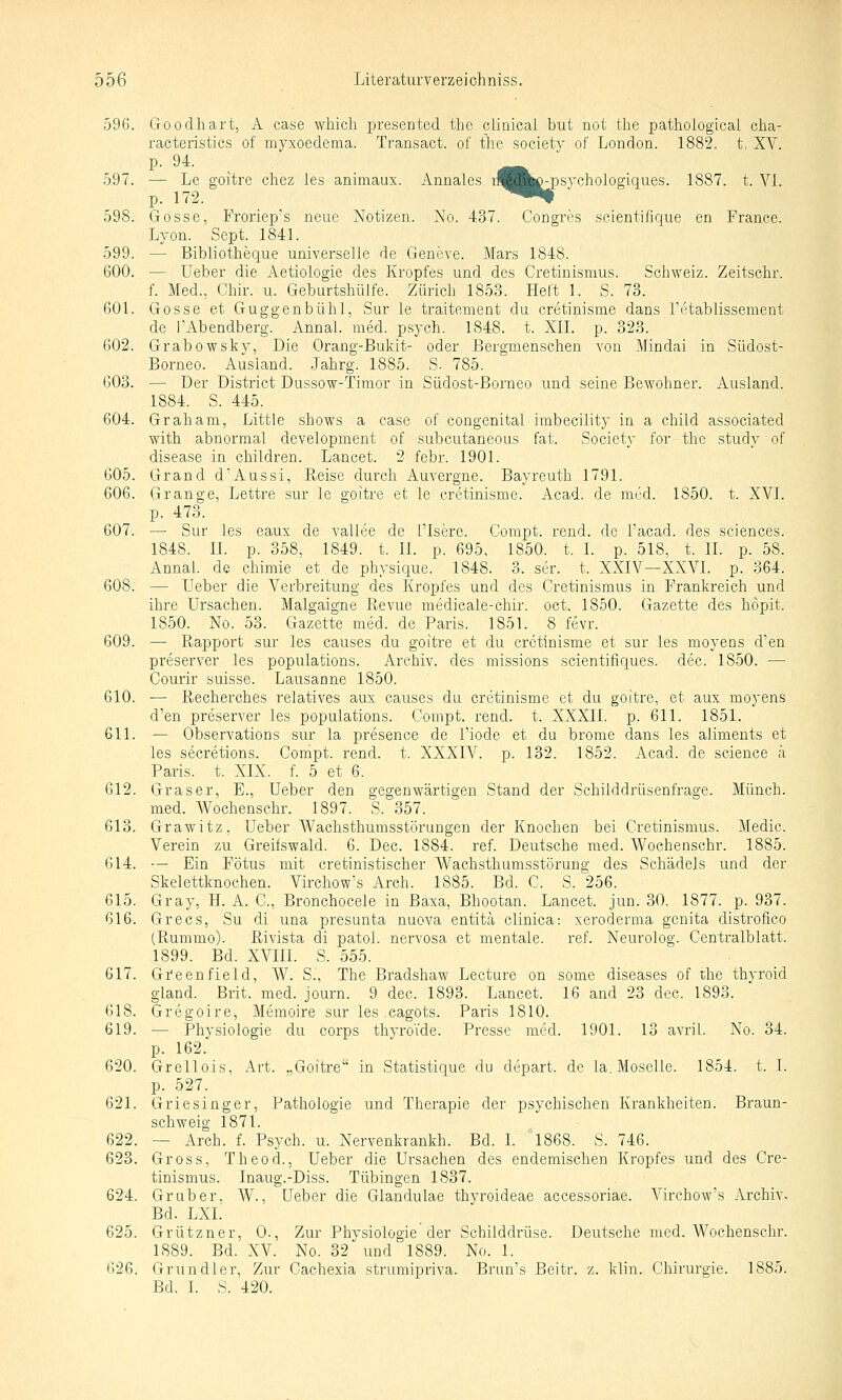 596. Goodhart, A case which preseatcd the cliaicai but not the pathoiogicai cha- racteristics of myxoedema. Transact. of the society of London. 1882. t, XV. p. 94. 597. — Le goitre cliez les animaux. Annales n^^Lc-psychologiqiies. 1887. t. VI. p. 172. ^^ 598. Gosse, Froriep's neue Notizen. No. 437. Congres scientifique en France. Lyon. Sept. 1841. 599. — Bibliotlieque universelle de Geneve. Mars 1848. 600. — Ueb.er die Aetiologie des Kropfes und des Cretinismus. Schweiz. Zeitschr. f. Med., Chir. u. Geburtshülfe. Zürich 1853. Heft 1. S. 73. 601. Gosse et Guggenbühl, Sur le traitement du cretinisme dans retablissement de J'Abendberg. Annal. med. psych. 1848. t. XII. p. 323. 602. Grabowsky, Die Orang-Bukit- oder Bergmenschen von Mindai in Südost- Borneo. Ausland. Jahrg. 1885. S- 785. 603. — Der District Dussow-Timor in Südost-ßorneo und seine Bewohner. Ausland. 1884. S. 445. 604. Graham, Little shows a case of cougenital imbecility in a child associated with abnormal development of subcutaneous fat. Society for the study of disease in children. Lancet. 2 febr. 1901. 605. Grand d'Aussi, Reise durch Auvergne. Bayreuth 1791. 606. Grange, Lettre sur le goitre et le cretinisme. Acad. de mi^d. 1850. t. XVI. p. 473. 607. — Sur les eaux de vallee de l'Isere. Corapt. rend. de Tacad. des sciences. 1848. IL p. 358, 1849. t. II. p. 695, 1850. t. I. p. 518, t. IL p. 58. Annal. de chimie et de physique. 1848. 3. ser. t. XXIV—XXVI. p. 364. 608. — Ueber die Verbreitung des Kropfes und des Cretinismus in Frankreich und ihre Ursachen. Malgaigne Revue medicale-chir. oct, 1850. Gazette des höpit. 1850. No. 53. Gazette med. de Paris. 1851. 8 fevr. 609. — Rapport sur les causes du goitre et du cretinisme et sur les moyens d'en preserver les populations. Archiv, des missions seientifiques. dec. 1850. — Courir suisse. Lausanne 1850. 610. — Recherches relatives aux causes du cretinisme et du goitre, et aux moyens d'en preserver les populations. Compt. rend. t. XXXII. p. 611. 1851. 611. — Observations sur la presence de l'iode et du brome dans les aliments et les secretions. Compt. rend. t. XXXIA^. p. 132. 1852. Acad. de science ä Paris, t. XIX. f. 5 et 6. 612. Graser, E., Ueber den gegenwärtigen Stand der Schilddrüsenfrage. Münch. med. Wochenschr. 1897. S. 357. 613. Grawitz, Ueber Wachsthumsstörungen der Knochen bei Cretinismus. Medic. Verein zu Greifswald. 6. Dec. 1884. ref. Deutsche med. Wochenschr. 1885. 614. — Ein Fötus mit cretinistischer Wachsthumsstörung des Schädels und der Skelettknochen. Virchow's Arch. 1885. Bd. C. S. 256. 615. Gray, H. A. C, Bronchocele in Baxa, Bhootan. Lancet. jun. 30. 1877. p. 937. 616. Grecs, Su di una presunta nuova entitä clinica: Xeroderma genita distrofico (Rummo). Rivista di patol. nervosa et mentale, ref. Neiirolog. Centralblatt. 1899. Bd. XVIII. S. 555. 617. Gi'eenfield, W. S.', The Bradshaw Lecture on some diseases of the thyroid gland. Brit. med. journ. 9 dec. 1893. Lancet. 16 and 23 dec. 1893. 618. Gregoire, Memoire sur les .cagots. Paris 1810. 619. — Physiologie du corps thyroTde. Presse med. 1901. 13 avril. No. 34. p. 162. 620. Grellois. Art. .,Goitre in Statistique du depart. de la. Moselle. 1854. t. I. p. 527. 621. Griesinger, Pathologie und Therapie der psychischen Krankheiten. Braun- schweig 1871. 622. — Arch. f. Psych, u. Nervenkrankh. Bd. L 1868. S. 746. 623. Gross, Theod., Ueber die Ursachen des endemischen Kropfes und des Cre- tinismus. Inaug.-Diss. Tübingen 1837. 624. Grub er, W., Ueber die Glandulae thyroideae accessoriae. Virchow's Archiv. Bd. LXL 625. Grützner, 0., Zur Physiologie der Schilddrüse. Deutsche med. Wochenschr. 1889. Bd. XV. No. 32 und 1889. No. 1. 626. Grundler, Zur Cachexia strumipriva. Brun's Beitr. z. klin. Chirurgie. 1885. Bd. L S. 420.