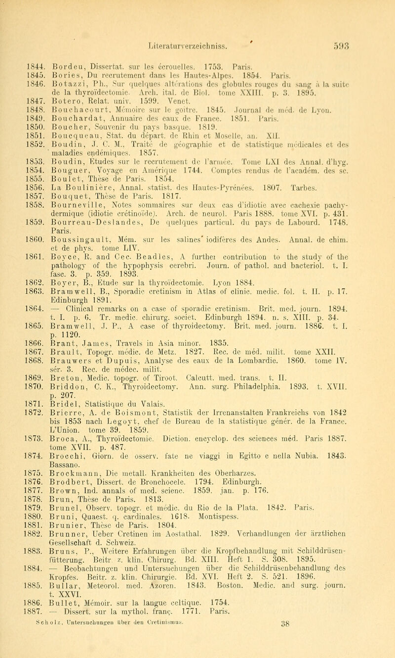 J844. Bordeu, Dissertat. sur les ecrouelles. 1753. Paris. 1845. Bories, Du recrutement dans les Hautes-Alpes. 1854. Paris. 1846. Botazzi, Ph., Sur rjuelqucs nitrrations dos globales rougcs du saug a la suitc de la thyroVdcctoiriic Arcli. ital. de Bio!, tomc .X'XIFl. p. 3. 1895. 1847. Botero, Relat. iiniv. 1599. Vcnet. 1848. Bouchacourt, Memoire sur le goitre. 1845. Journal de med. de ijyon. 1849. Bouchardat, Annuaire des caux de France. 1851. Paris. 1850. Boucher, Souvenir du pays basque. 1819. 1851. Bouequeau, Stat. du depart. de Rhin et Moselle, an. Xli. 1852. Boudin, J. C. M., Traite de geographie et de statisticjue medicales et des  maladies endemiques. 1857. 1853. Boudin, Etudes sur le recrutement de raniiüe. Tome LXI des Annal. d'h3g. 1854. Bouguer, Vovage en Amerirjue 1744. Comptes rendus de l'academ. des sc. 1855. Beulet, These de Paris. 1854. 1856. La Bouliniere, Annal. statist. des llautes-Pyrenees. 1807. Tarbes. 1857. Bouquet, These de Paris. 1817. 1858. Bourneville, Notes sommaires sur deux cas d'idiotie avec cachexie pachy- dermique (Idiotie cretinoVdej. Arch. de neurol. Paris 1888. tome XVI. p. 431. 1859. Bourreau-Des landes. De quelques particul. du pays de Labourd. 1748. Paris. 1860. Boussingault, Mem. sur les salines' iodiferes des Andes. Annal. de chim. et de phys. tome LIV. 1861. Boyce, R. and Cec. Beadles, A fiu'thei contribution to the study of the pathology of the hypophysis cerebri. Journ. of pathol. and bacteriol. t. I. fasc. 3. p. 359. 1893. 1862. Boyer, B., Etüde sur la thyroidectomie. Lyon 1884. 1863. Bramwell, B., Sporadic cretinism in Atlas of elinic. medic. fol. t. IL p. 17. Edinburgh 1891. 1864. — Clinical remarks on a ease of sporadic cretinism. Brit. med. journ. 1894. t. I. p. G, Tr. medic. chirurg. societ. Edinburgh 1894. n. s. XIII. p. 34. 1865. Bramwell, J. P., A case of thyroidectomy. Brit. med. journ. 1886. t. I. p. 1120. 1866. Brant, James, Travels in Asia minor. 1835. 1867. Brault. Topogr. medic. de Metz. 1827. Reo. de med. milit. tome XXII. 1868. Brauwers et Dupuis, Analyse des eaux de la Lombardie. 1860. tome IV. ser. 3. Rec. de medec. milit. 1869. Breton, Medic. topogr. of Tiroot. Calcutt. med. trans. t. IL 1870. Briddon, CK., Thyroidectomy. Ann. surg. Philadelphia. 1893. t. XVII. p. 207. 1871. Bridel, Statistique du Valais. 1872. Brierre, A. de Boismont, Statistilv der Irrenanstalten Frankreichs von 1842 bis 1853 nach Legoyt, chef de Bureau de la statistique gener. de la France. L'Union. tome 39. 'l859. 1873. Broca, A., ThyroVdectomie. Diction. encyclop. des sciences med. Paris 1887. tome XVII. p.'487. 1874. Brocchi, Giern, de osserv. fate ne viaggi in Egitto e nella Nubia. 1843. Bassano. 1875. Brockmann, Die metall. Krankheiten des Oberharzes. 1876. Brodbert, Dissert. de Bronchocele. 1794. Edinburgh. 1877. Brown, Ind. annals of med. scienc. 1859. jan. p. 176. 1878. Brun, These de Paris. 1813. 1879. Brunei, Observ. topogr. et medic. du Rio de la Plata. 1842. Paris. 1880. Bruni, Quaest. q. cardinales. 1618. Montispess. 1881. Brünier, These de Paris. 1804. 1882. Brunn er, Ueber Cretinen im Aostathal. 1829. Verhandlungen der ärztlichen Gesellschaft d. Schweiz. 1883. Bruns, P.. V^eitere Erfahrungen über die Kropfbehandlung mit Schilddrüsen- fütterung. Beitr z. klin. Chirurg. Bd. XIII. Heft 1. S. 308. 1895. 1884. — Beobachtungen und Untersuchungen über die Schilddrüsenbehandlung des Kropfes. Beitr. z. klin. Chirurgie. Bd. XVI. Heft 2. S. 521. 1896. 1885. Bullar, Meteorol. med. Azoren. 1843. Boston. Medic. and surg. journ. t. XXVI. 1886. Bullet, Memoir. sur la langue celtique. 1754. 1887. — Dissert. sur la mythol. frauQ. 1771. Paris. Scholz, Untersuchungeu über den Cretiuisiuus. gg