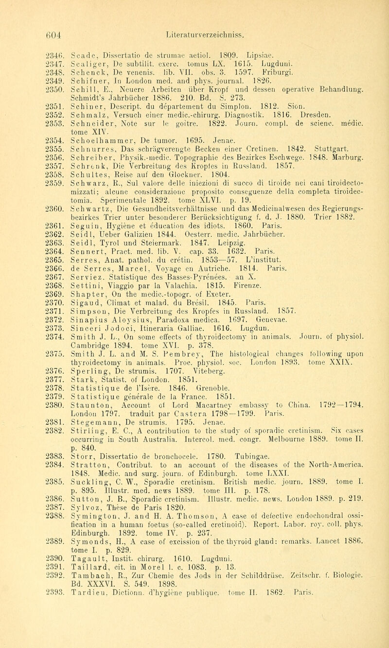 2346. Scade, Disserlatio de strumae actiol. 1809. Lipsiae. 2347. Scaliger, De subtilit. exerc. tomus LX. 1615. Lugduui, 2348. Schenek, De venenis. Hb. Vll. obs. 3. 1597. Friburgi. 2349. Schifner, In London med. and phys. Journal. 1826. 2350. Schill, E., Neuere Arbeiten über Kropf und dessen operative Behandlung. Schmidt's Jahrbücher 1886. 210. Bd. S. 273. 2351. Schiner, Descript. du departement du Simplon. 1812. Sion. 2352. Schmalz, Versuch einer medic.-chirurg. Diagnostik. 1816. Dresden. 2353. Schneider, Note sur le goitre. 1822. Jour-n. compl. de scienc. medic. tome XIV. 2354. Schoelhammer, De tumor. 1695. Jenae. 2355. Schnurres, Das schrägverengte Becken einer Cretinen. 1842. Stuttgart. 2356. Schreiber, Physik.-medic. Topographie des Bezirkes Eschwege. 1848. Marburg. 2357. Schrenk, Die Verbreitung des Kropfes in Russland. 1857. 2358. Schultes, Reise auf den Glöckner. 1804. 2359. Schwarz, R., Sul valore delle iniezioni di succo di tiroide nei cani tiroidecto- mizzati; aicune considerazioiic proposito conseguenze della completa tiroidec- toniia. Sperimentale 1892. tome XL VI. p. 19. 2360. Schwartz, Die Gesundheitsverhältnisse und das Medicinalwesen des Regierungs- bezirkes Trier unter besonderer Berücksichtigung f. d. J. 1880. Trier 1882. 2361. Seguin, Hygiene et education des idiots. 1860. Paris. 2362. Seidl, Ueber Galizien 1844. Oesterr. medic. Jahrbücher. 2363. Seidl, Tyrol und Steiermark. 1847. Leipzig. 2364. Sennert, Pract. med. lib. V. cap. 33. 1632. Paris. 2365. Serres, Anat. pathol. du cretin. 1853—57. L'institut. 2366. de Serres, Marcel, Voyage en Autriche. 1814. Paris. 2367. Serviez. Statistique des Basses-Pyrenees. an X. 2368. Settini, Viaggio par la Valachia. 1815. Firenze. 2369. Shapter, On the medic.-topogr. of Exeter. 2370. Sigaud, Climat et malad, du Bresil. 1845. Paris. 2371. Simpson, Die Verbreitung des Kropfes in Russlaud. 1857. 2372. Sinapius Aloysius, Paradoxa medica. 1697. Genevae. 2373. Sinceri Jodoci, Itineraria Galliae. 1616. Lugdun. 2374. Smith J. L., On some effects of tbyroidectomy in animals. Journ. of physiol. Cambridge 1894. tome XVI. p. 378. 2375. Smith J. L. and M. S. Pembrey, The histological changes following upon thyroidectomy in animals. Proc. physiol. soc. London 1893. tome XXIX. 2376. Sperling, De strumis. 1707. Viteberg. 2377. Stark, Statist, of London. 1851. 2378. Statistique de l'Isere. 1846. Grenoble. 2379. Statistique generale de ia France. 1851. 2380. Staunton, Account of Lord Macartney embassy to China. 1792 — 1794. London 1797. traduit par Castera 1798 — 1799. Paris. 2381. Stegemann, De strumis. 1795. Jenae. 2382. Stirling, E. C, A contribution to the study of sporadic cretinism. Six cases occurring in South Australia. Intercol. med. congr. Melbourne 1889. tome IT. p. 840. 2383. Storr, Dissertatio de bronchocele. 1780. Tubingae. 2384. Stratton, Gontribut. to an account of the diseases of the North-Amei'ica. 1848. Medic. and ,surg. journ. of Edinburgh, tome LXXI. 2385. Suckling, C. W., Sporadic cretinism. British medic. journ. 1889. tome I. p. 895. lUustr. med. news 1889. tome III. p. 178. 2386. Sutton, J. B., Sporadic cretinism. Illustr. medic. news. London 1889. p. 219. 2387. Sylvoz, These de Paris 1820. 2388. Syraington, J. and H. A.Thomson, A case of defective endochondral ossi- fication in a human foetus (so-called cretinoid). Report. Labor, roy. coli. phys. Edinburgh. 1892. tome IV. p. 237. 2389. Symonds, H., A case of escission of the thyroid gland: remarks. Laneet 1886. tome L p. 829. 2390. Tagault, Instit. chirurg. 1610. Lugduni. 2391. Taillard, cit. in Morel 1. c. 1083. p. 13. 2392. Tambach, R., Zur Chemie des Jods in der Schilddrüse. Zeitschr. f. Biologie. Bd. XXXVL S. 549. 1898. 2393. Tardieu. Dictionn. d'hygiene publique, tome IL 1862. Paris.