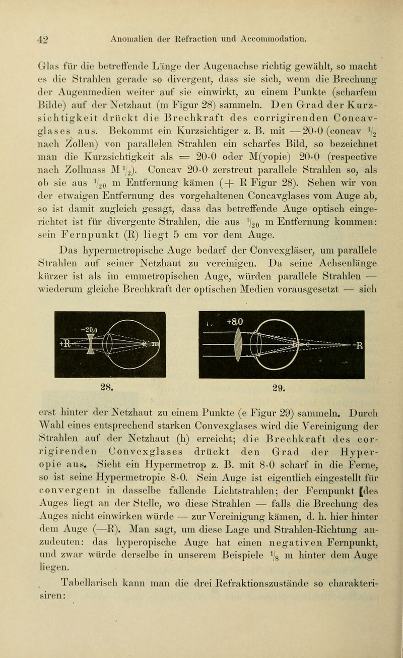 Glas für die betreffende Länge der Augenachse richtig gewählt, so macht es die Strahlen gerade so divergent, dass sie sich, wenn die Brechung der Augenmedien weiter auf sie einwirkt, zu einem Punkte (scharfem Bilde) auf der Netzhaut (m Figur 28) sammeln. Den Grad der Kurz- sichtigkeit drückt die Brechkraft des eorrigirenden Concav- glases aus. Bekommt ein Kurzsiehtiger z.B. mit —20*0 (concav 72 nach Zollen) von parallelen Strahlen ein scharfes Bild, so bezeichnet man die Kurzsichtigkeit als = 20-0 oder M(yopie) 20-0 (respective nach Zollmass 31 {.,). Concav 20-0 zerstreut parallele Strahlen so, als ob sie aus V20 m Entfernung kämen (+ R Figur 28). Sehen wir von der etwaigen Entfernung des vorgehaltenen Concavglases vom Auge ab, so ist damit zugleich gesagt, dass das betreffende Auge optisch einge- richtet ist für divergente Strahlen, die aus '^o m Entfernung kommen: sein Fernpunkt (R) liegt 5 cm vor dem Auge. Das hypermetropische Auge bedarf der Convexgläser, um parallele Strahlen auf seiner Netzhaut zu vereinigen. Da seine Achsenlänge kürzer ist als im emmetropischen Auge, würden parallele Strahlen — wiederum gleiche Brechkraft der optischen Medien vorausgesetzt — sich erst hinter der Netzhaut zu einem Punkte (e Figur 29) sammeln. Durch Wahl eines entsprechend starken Convexglases wird die Vereinigung der Strahlen auf der Netzhaut (h) erreicht; die Brechkraft des eor- rigirenden Convexglases drückt den Grad der Hyper- opie aus. Sieht ein Hypermctrop z. B. mit 8-0 scharf in die Ferne, so ist seine Hypermetropie 8-0. Sein Auge ist eigentlich eingestellt für convergent in dasselbe fallende Lichtstrahlen; der Fernpunkt [des Auges Hegt an der Stelle, wo diese Strahlen — falls die Brechung des Auges nicht einwirken würde — zur Vereinigung kämen, d. h. hier hinter dem Auge (—R). Man sagt, um diese Lage und Strahlen-Richtung an- zudeuten: das hyperopische Auge hat einen negativen Fernpunkt, und zwar würde derselbe in unserem Beispiele ^3 m hinter dem Auge liegen. Tabellarisch kann man die drei Refraktionszustände so charakteri- siren: